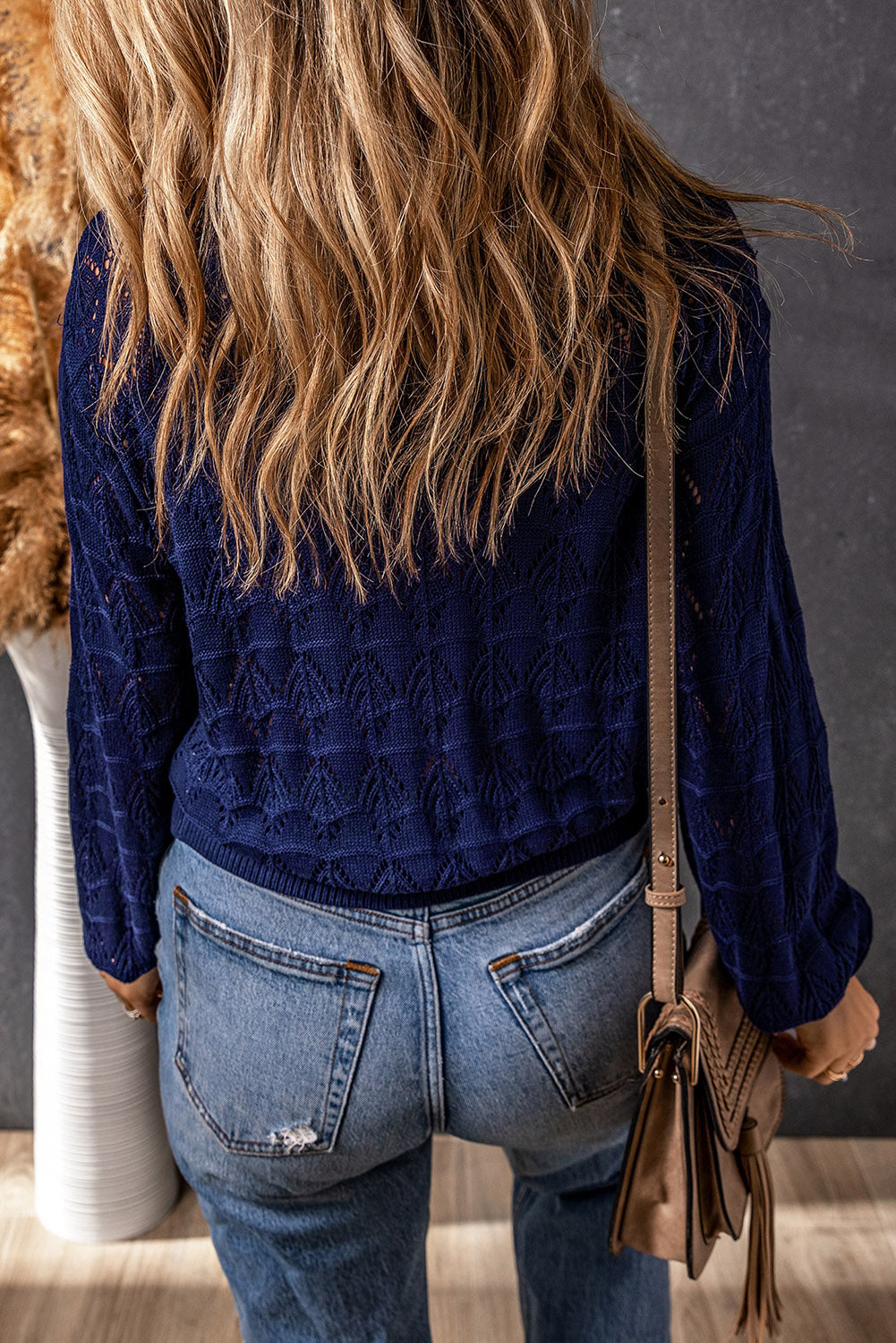 Blue Lightweight Buttoned Front Crochet Cardigan eAura