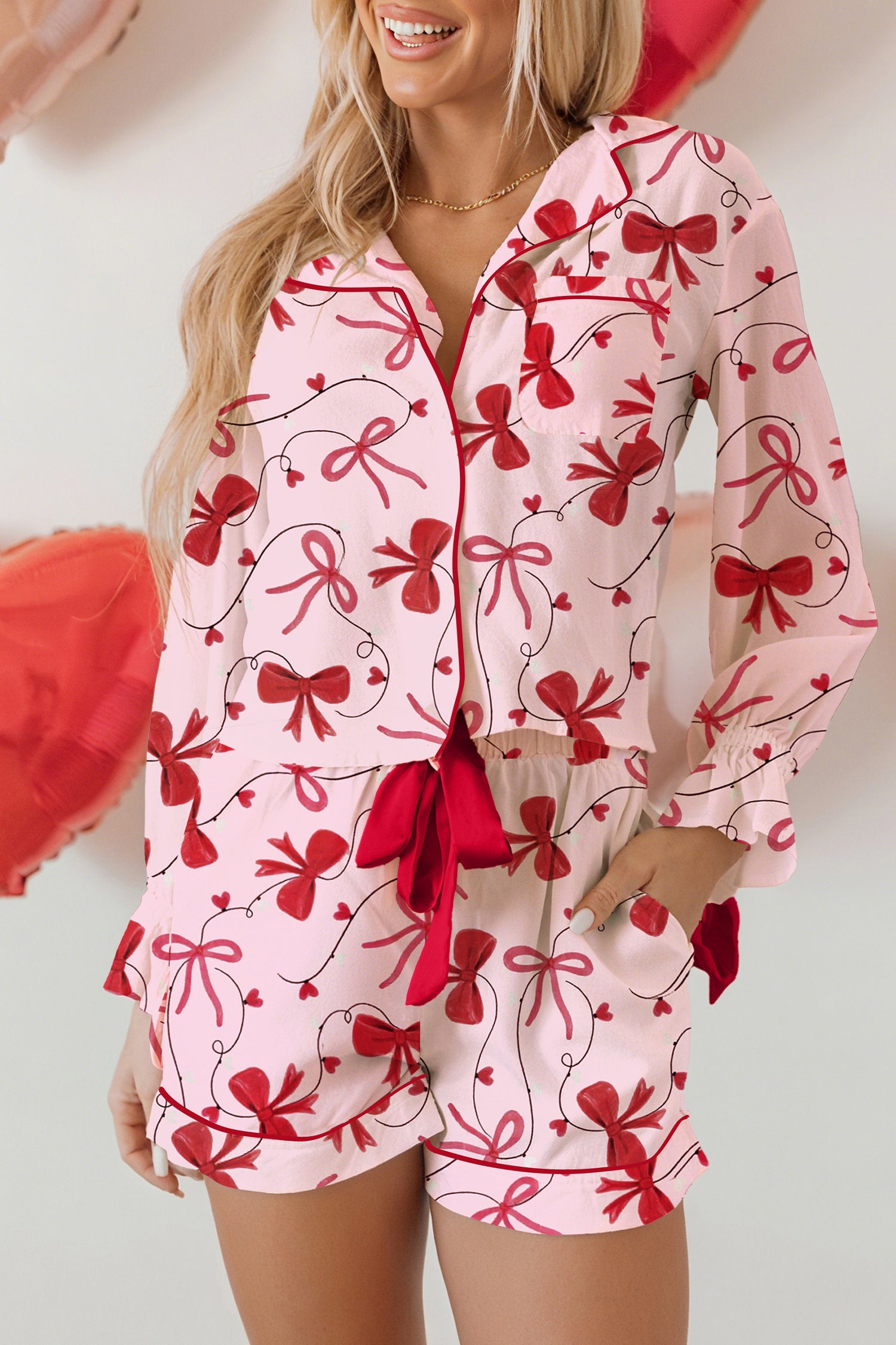 Bow Print Valentine Long Sleeve Shirt Shorts 2 Pcs Pajama Set – Red