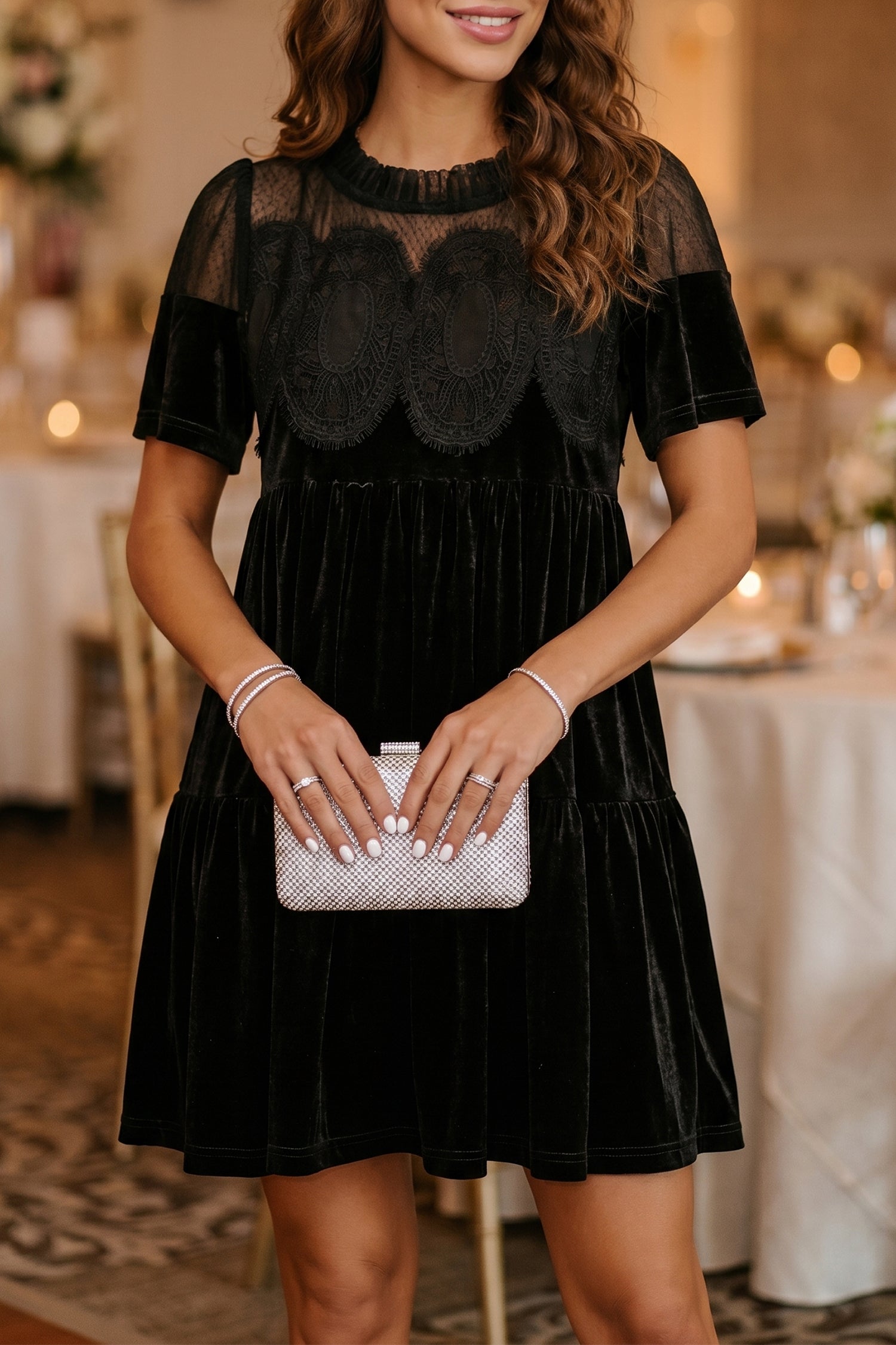 Embroidered Velvet Short Sleeve Mini Shift Dress – Black