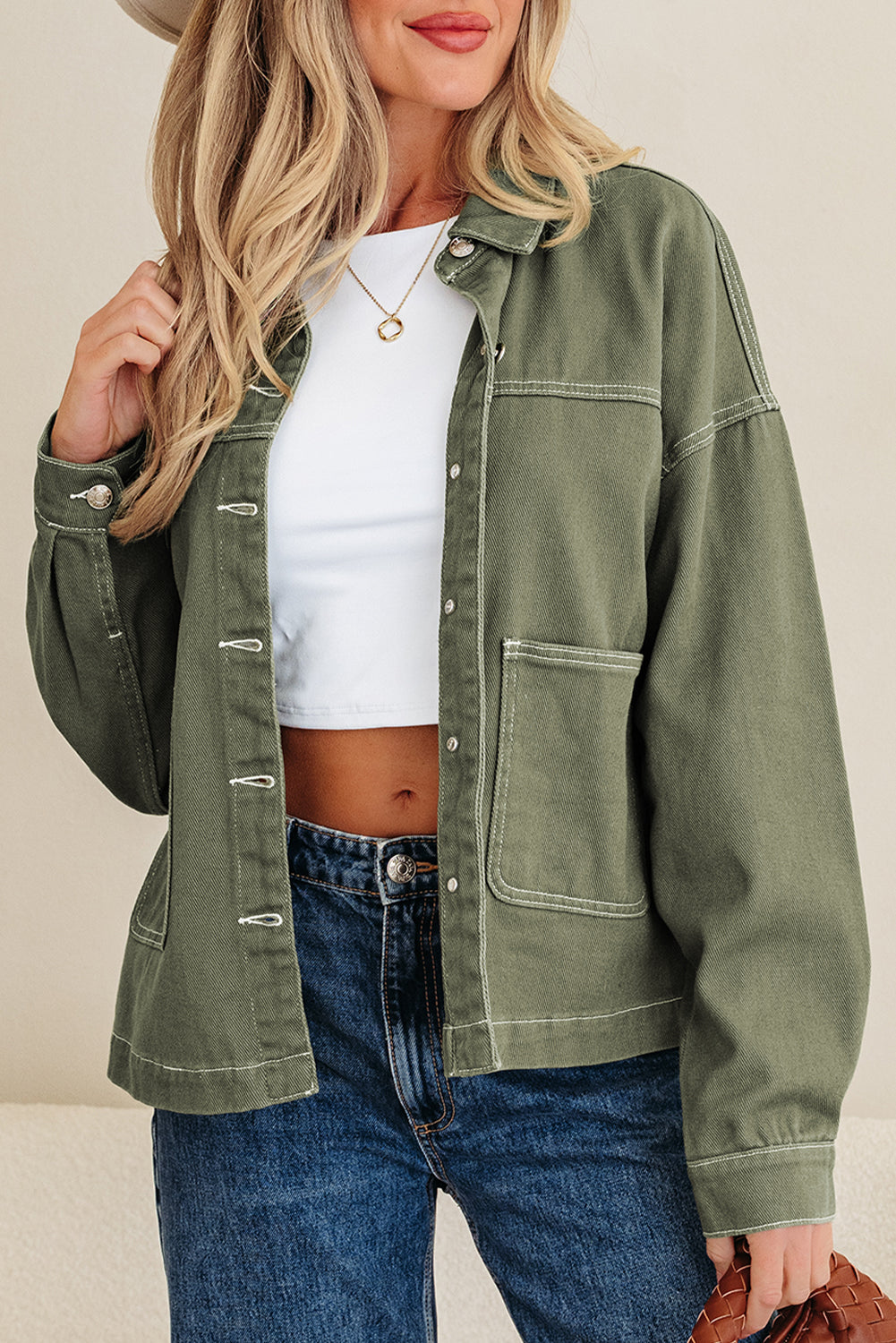 Patched Pocket Collared Button Front Boyfriend Denim Jacket - eAura
