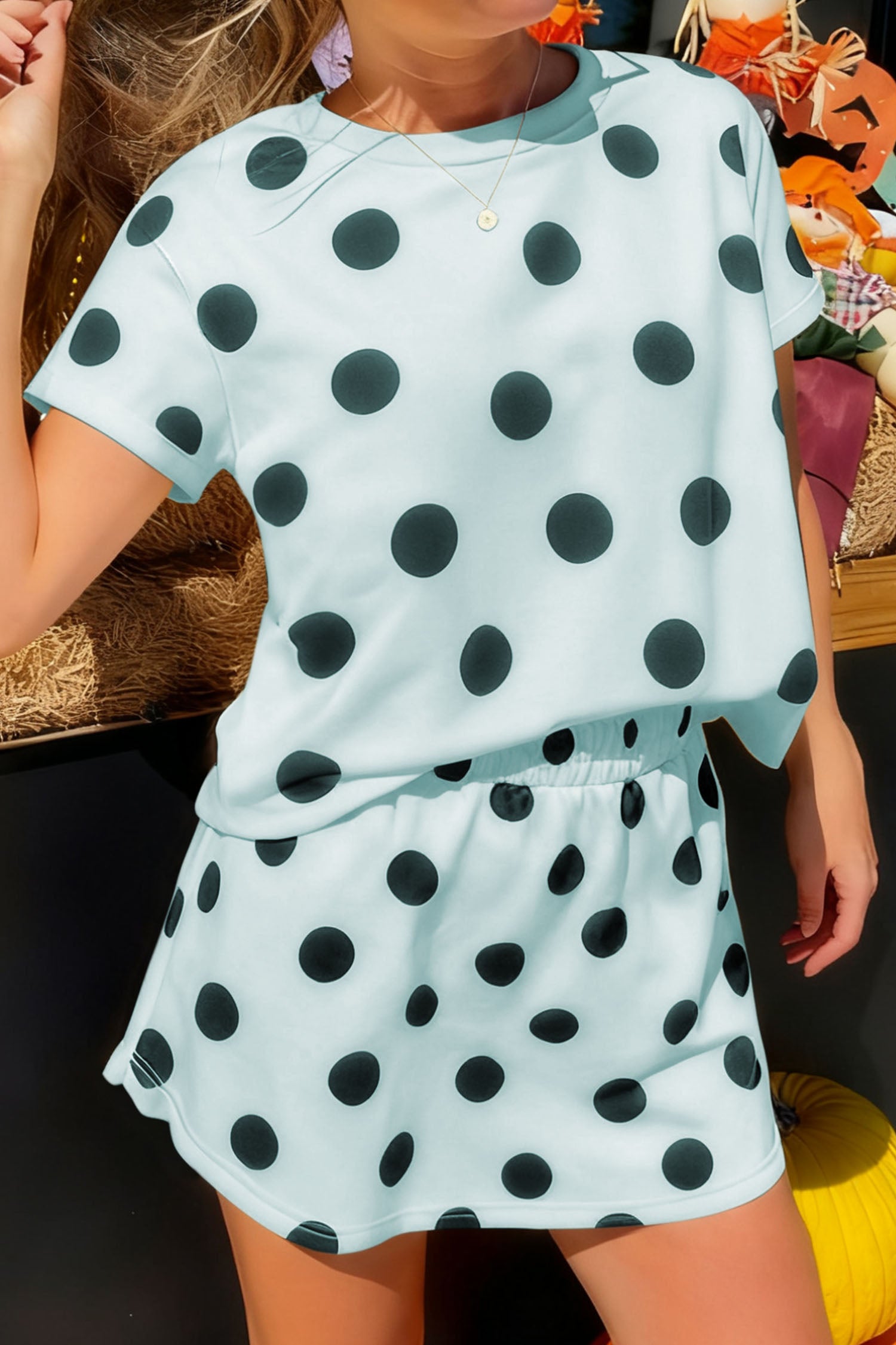 Polka Dot Short Sleeve Top Casual Skort 2pcs Outfit – White