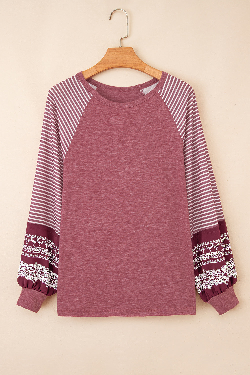 Contrast Print Striped Raglan Long Sleeve Loose Top - eAura