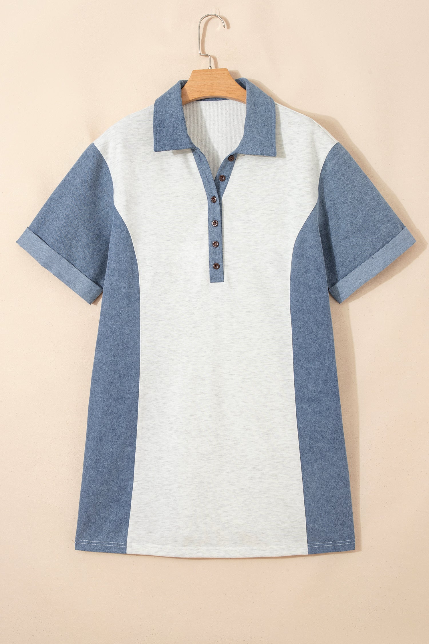 Colour Block Patchwork Button Polo Collar T-Shirt Tunic Dress