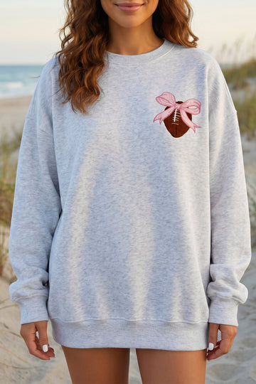 Embroidered Football Bow Back Long Sleeve Sweatshirt – Light Grey
