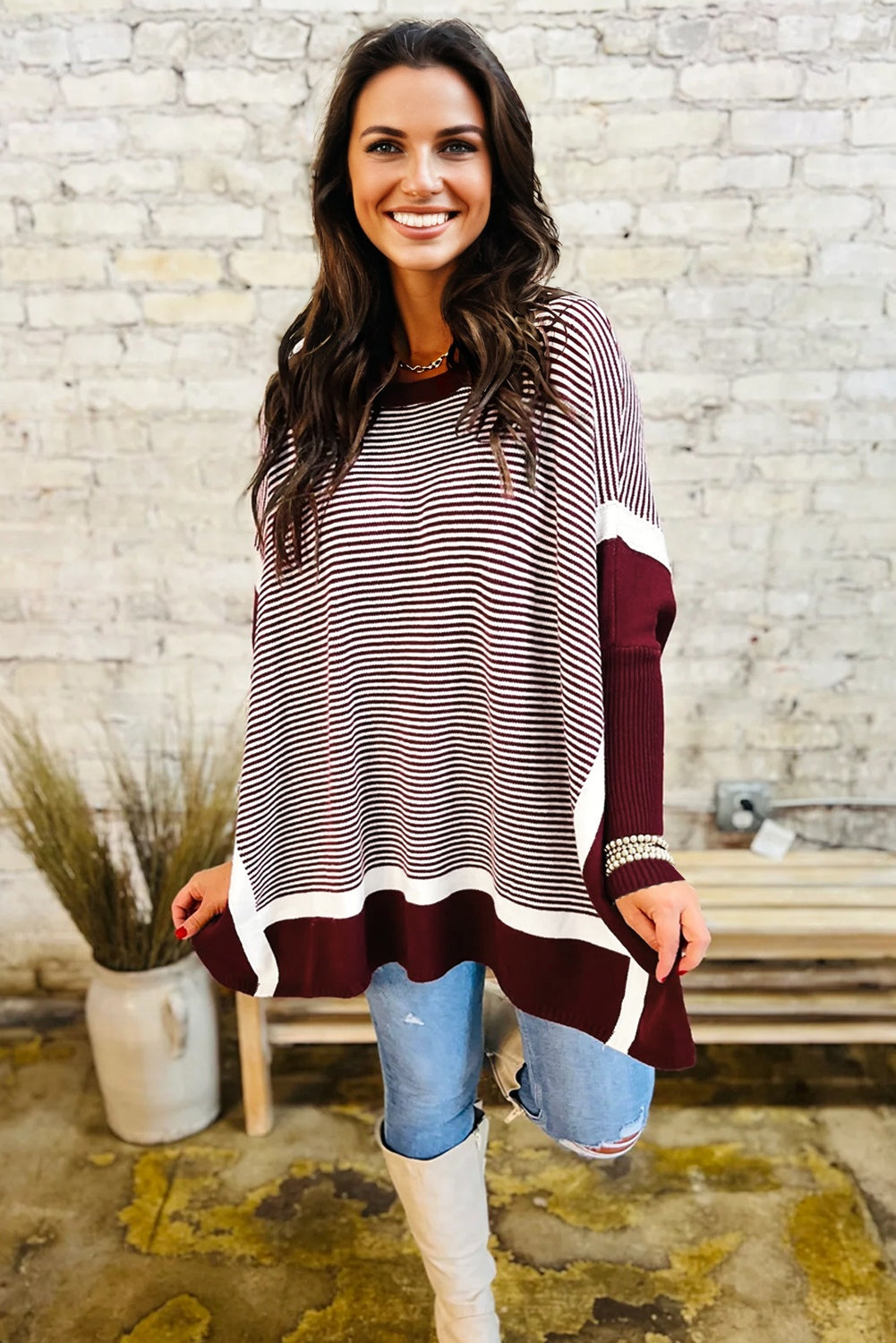 Striped Dolman Oversize Tunic Sweater - eAura