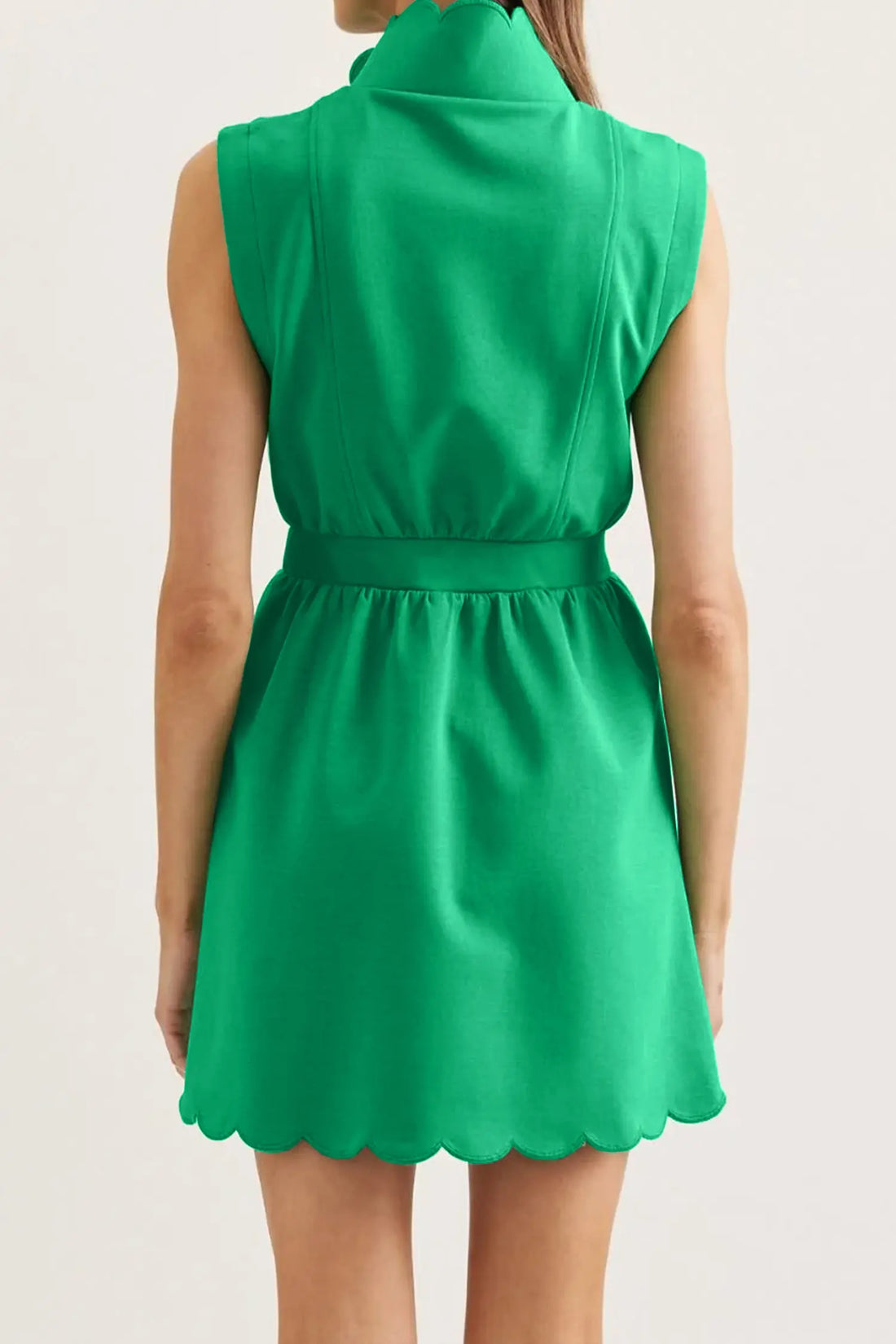 Sleeveless Zip Front Scallop Hem Mini Dress – Bright Green