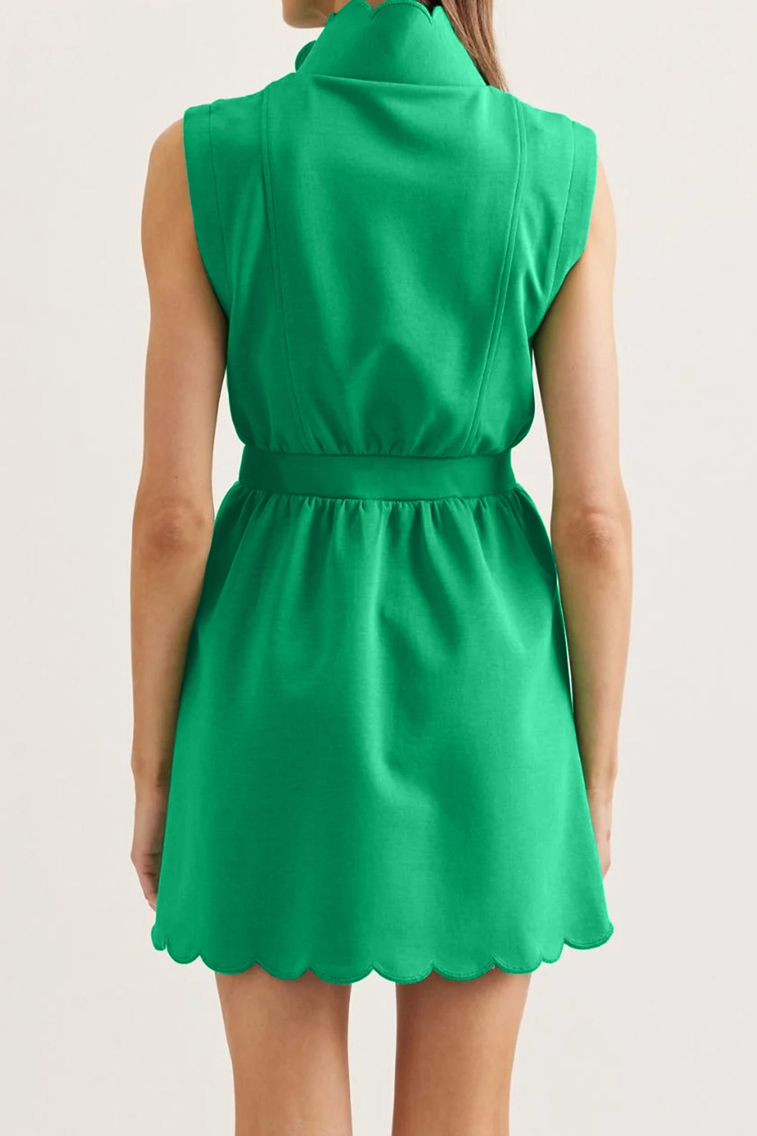 Sleeveless Zip Front Scallop Hem Mini Dress – Bright Green