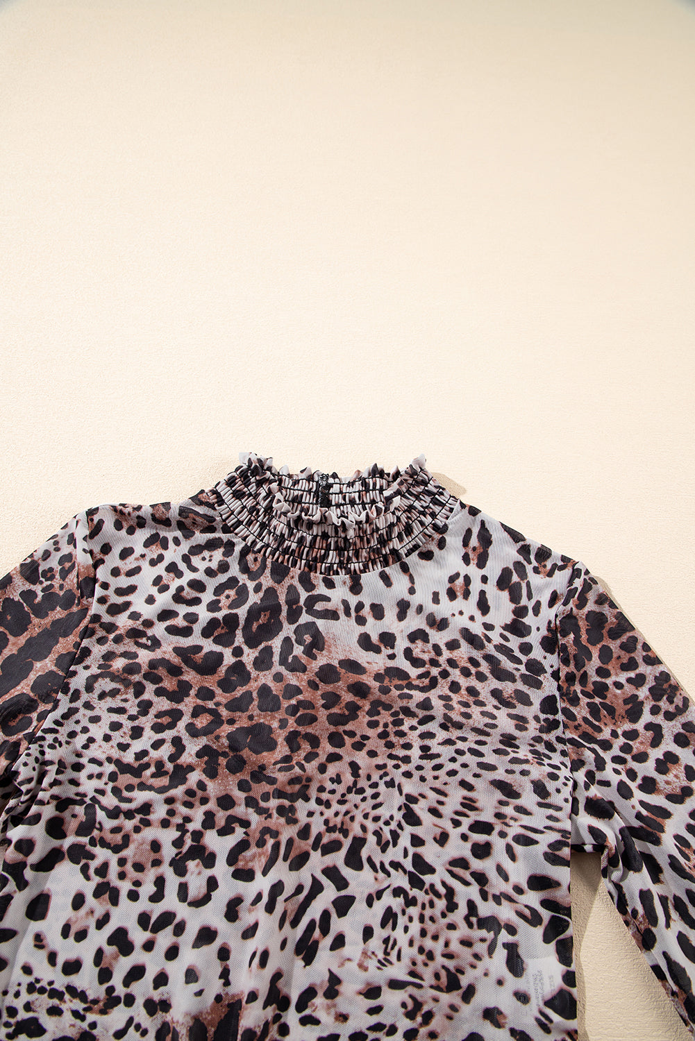 Brown Leopard Smocked Neck Mesh Long Sleeve Bodysuit - Tops/Bodysuits