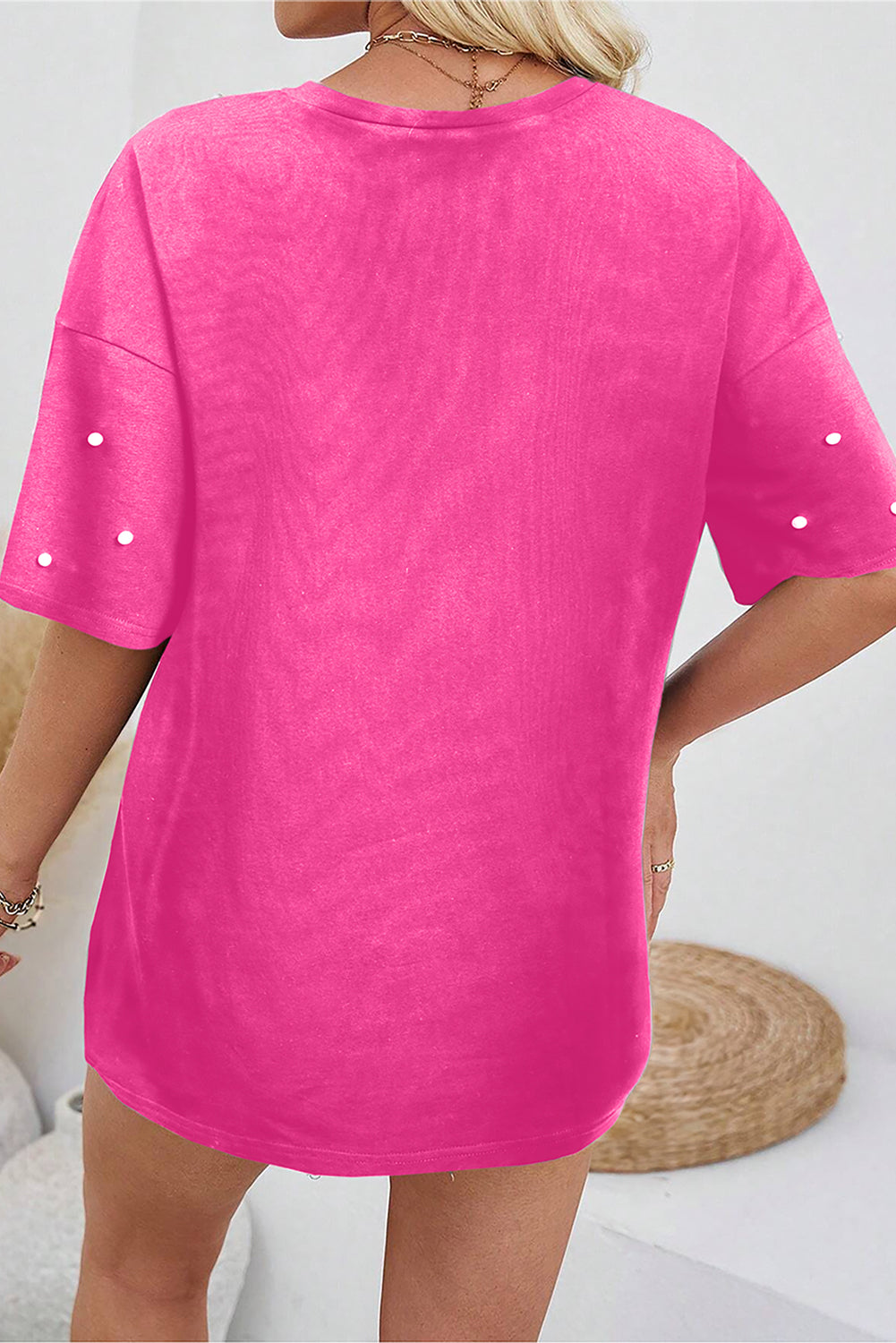 Bright Pink Pearl Beaded Drop Shoulder Crewneck T Shirt - eAura