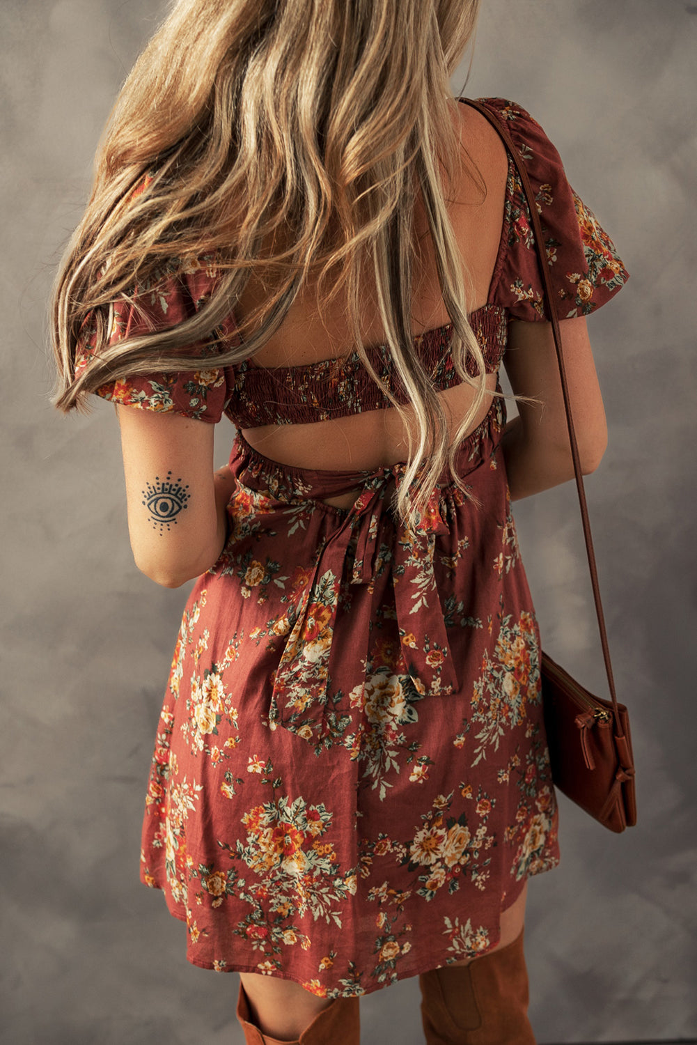Floral Puff Sleeve Square Neck Knot Open Back Mini Dress eAura