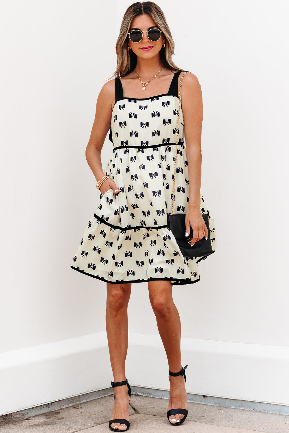 White Bow Knot Contrast Trim Tie Shoulder Mini Dress eAura