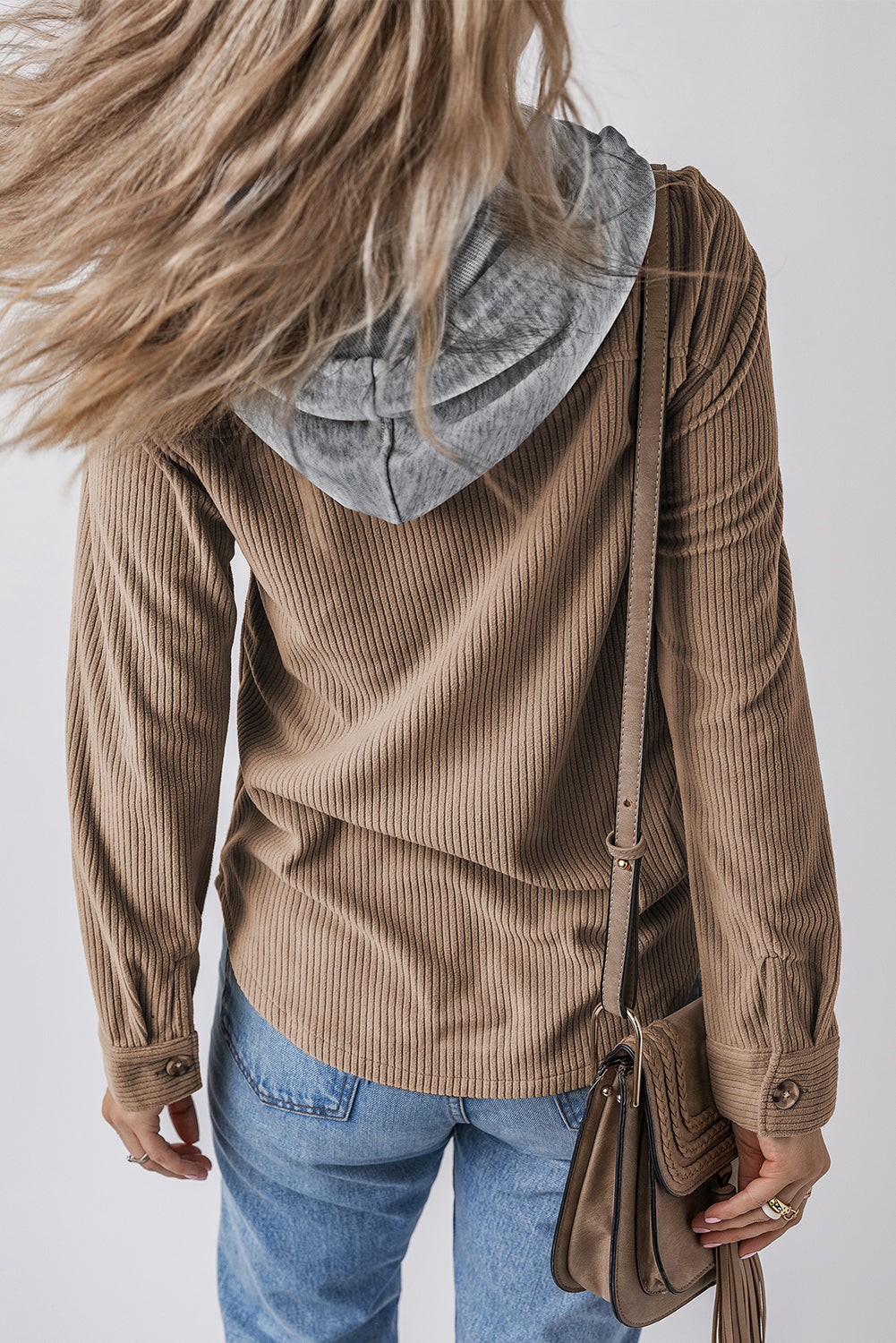 Pale Khaki Hooded Drawstring Pockets Corduroy Shacket eAura