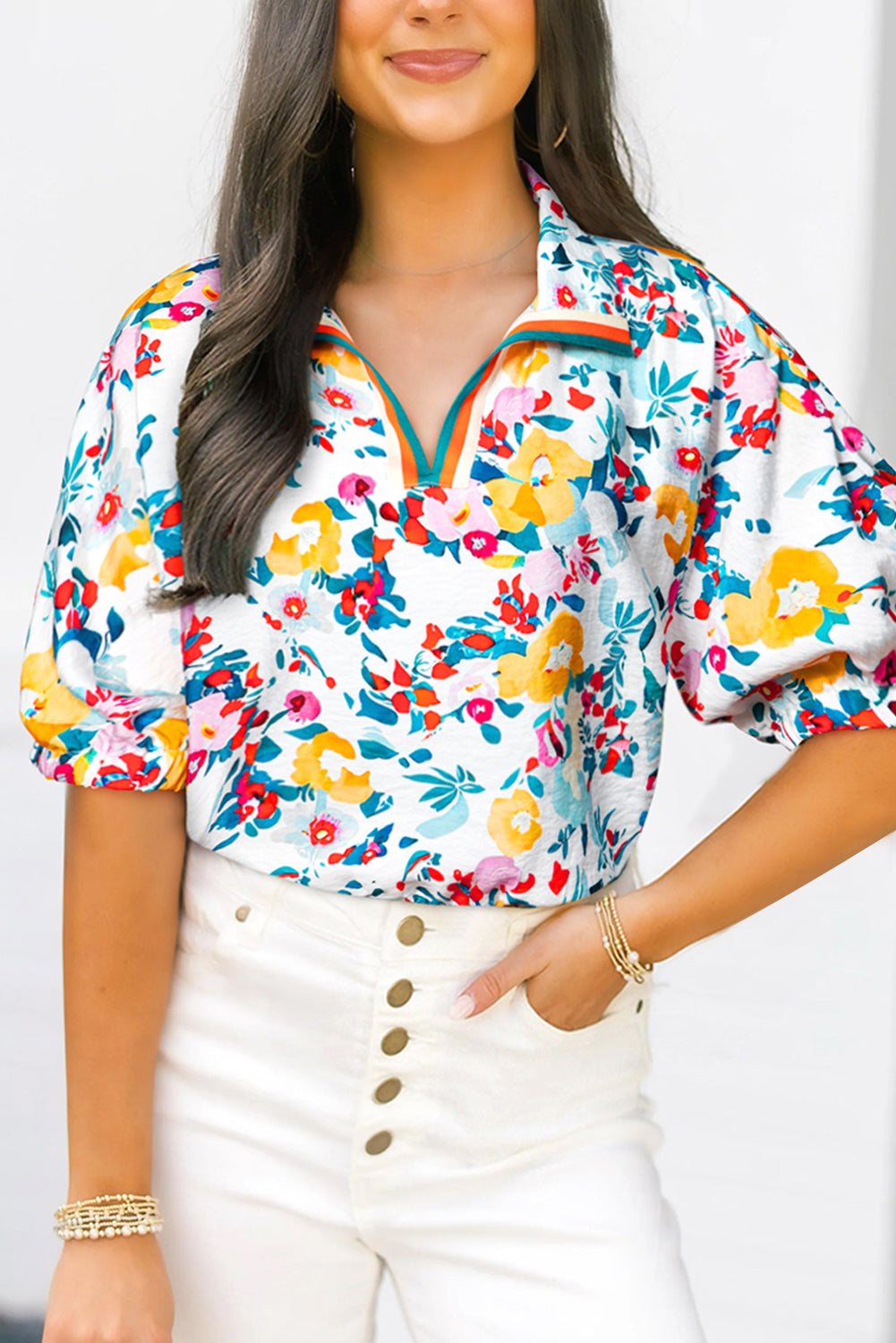 Peacock Blue Floral Print Slit V Neck Short Sleeve Blouse eAura
