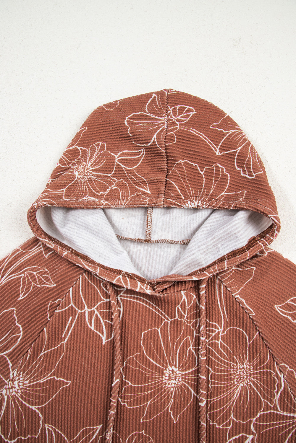 Brown Floral Rib Drawstring Kangaroo Pocket Hoodie - eAura