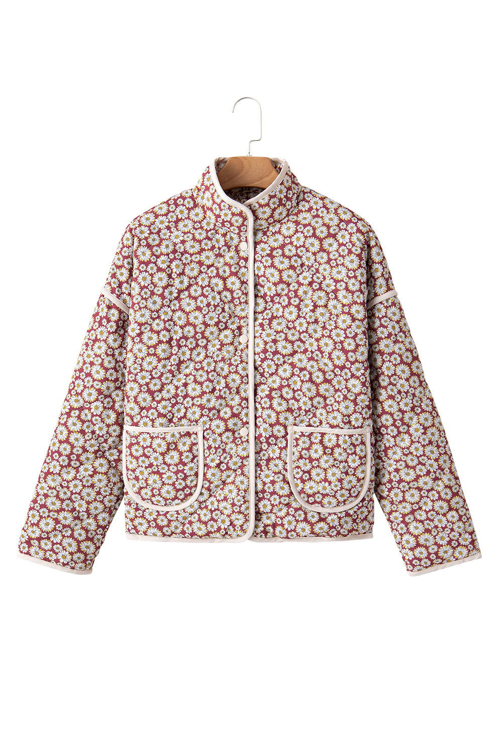 Pink Floral Print Contrast Edge Stand Neck Coat eAura