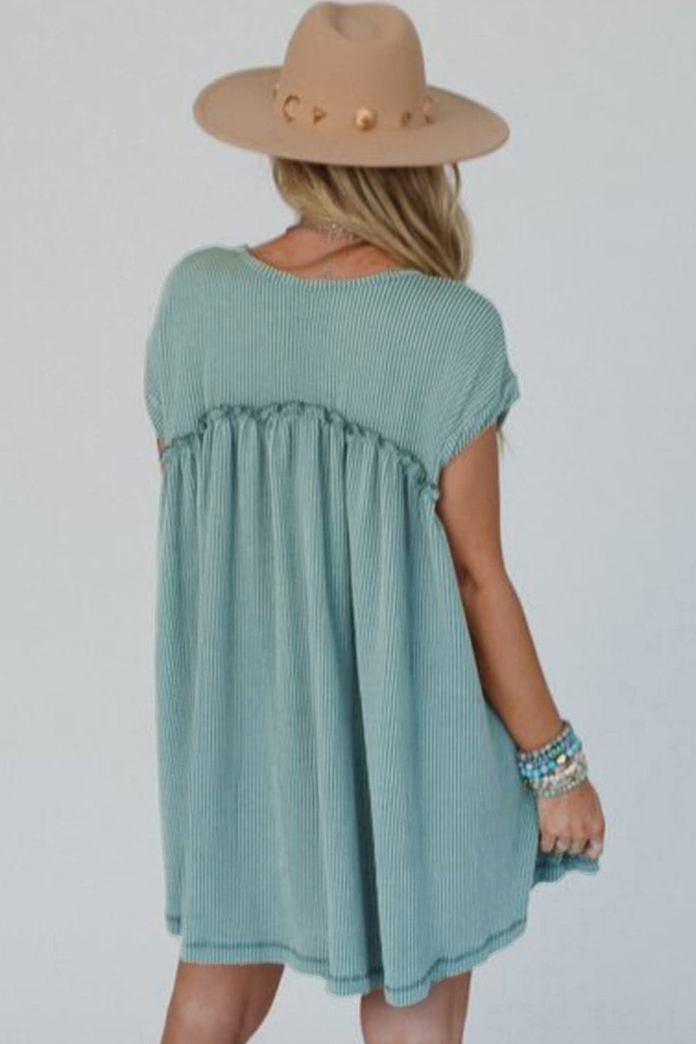 Canton Ribbed Knit Textured Patched Pocket Frilled Swing Mini Dress with Pockets eAura