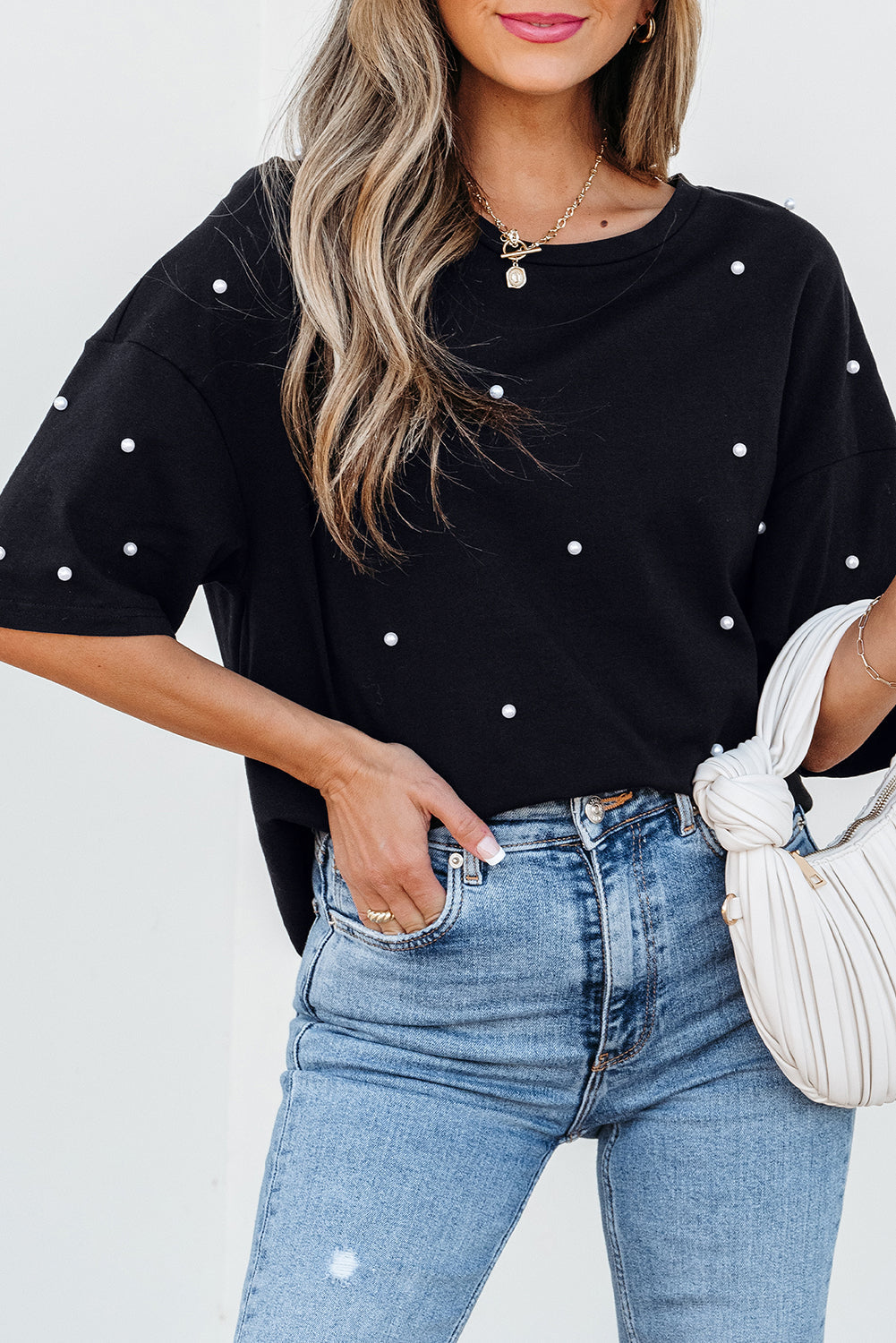 Black Pearl Beaded Drop Shoulder Crewneck T Shirt eAura