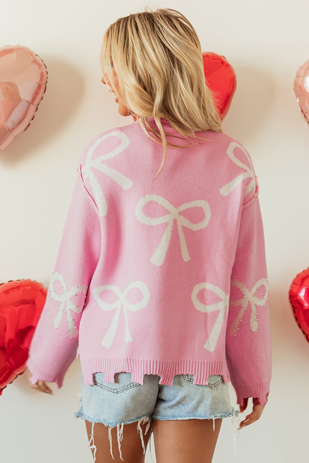 Pink Pearl Beaded Bowknot Pattern Distressed Split Hem Sweater eAura