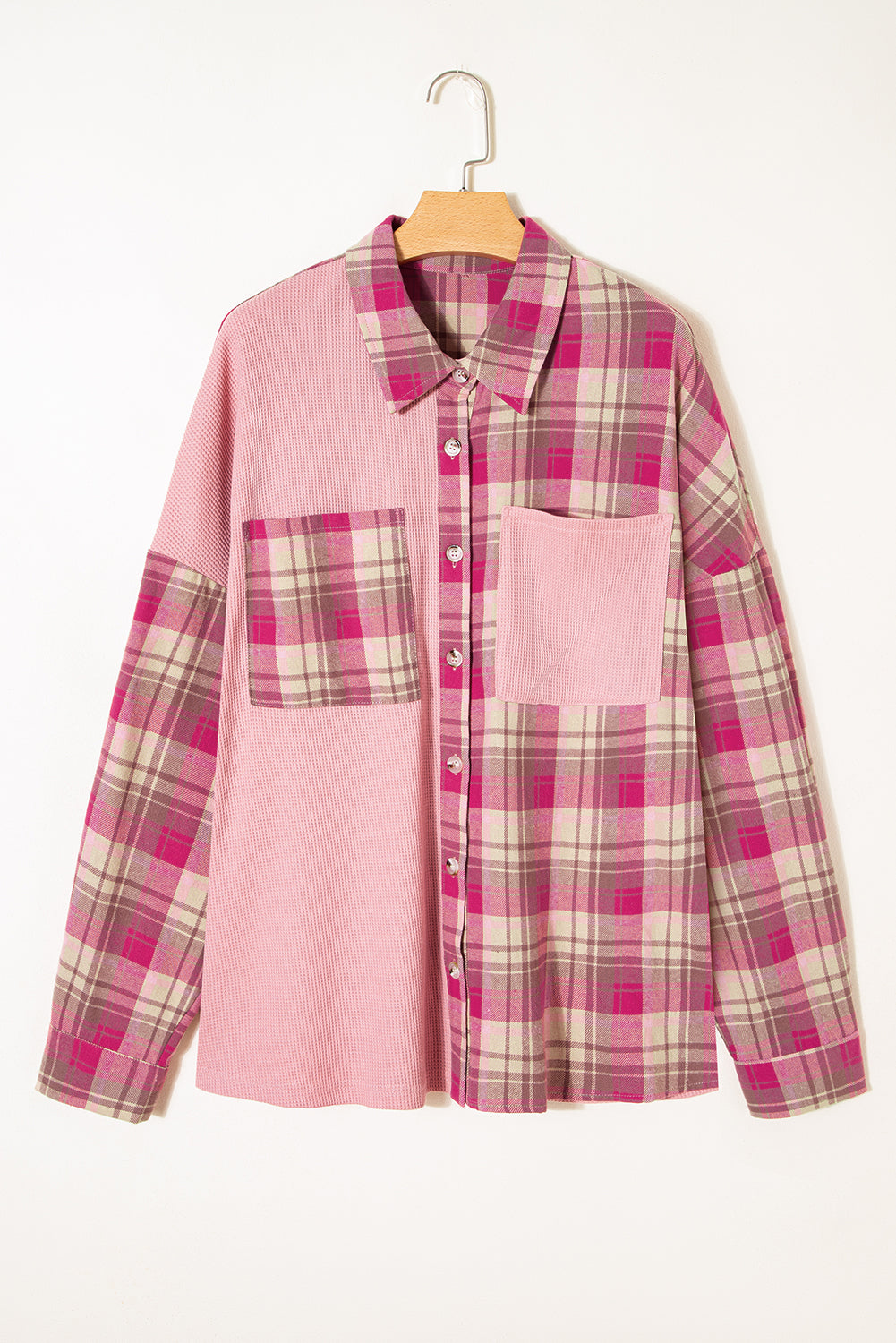 Pink Waffle Patch Pocket Plaid Patchwork Plus Size Shirt - eAura