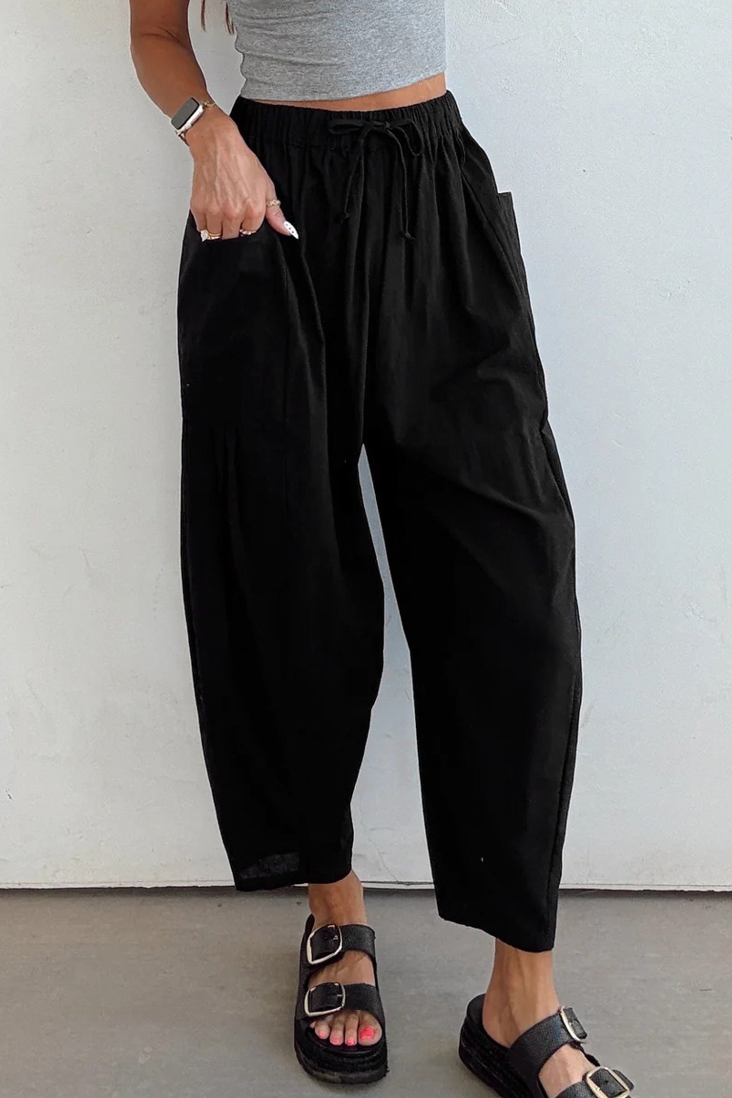 Drawstring Elastic Waist Pocket Barrel Leg Casual Pants - eAura