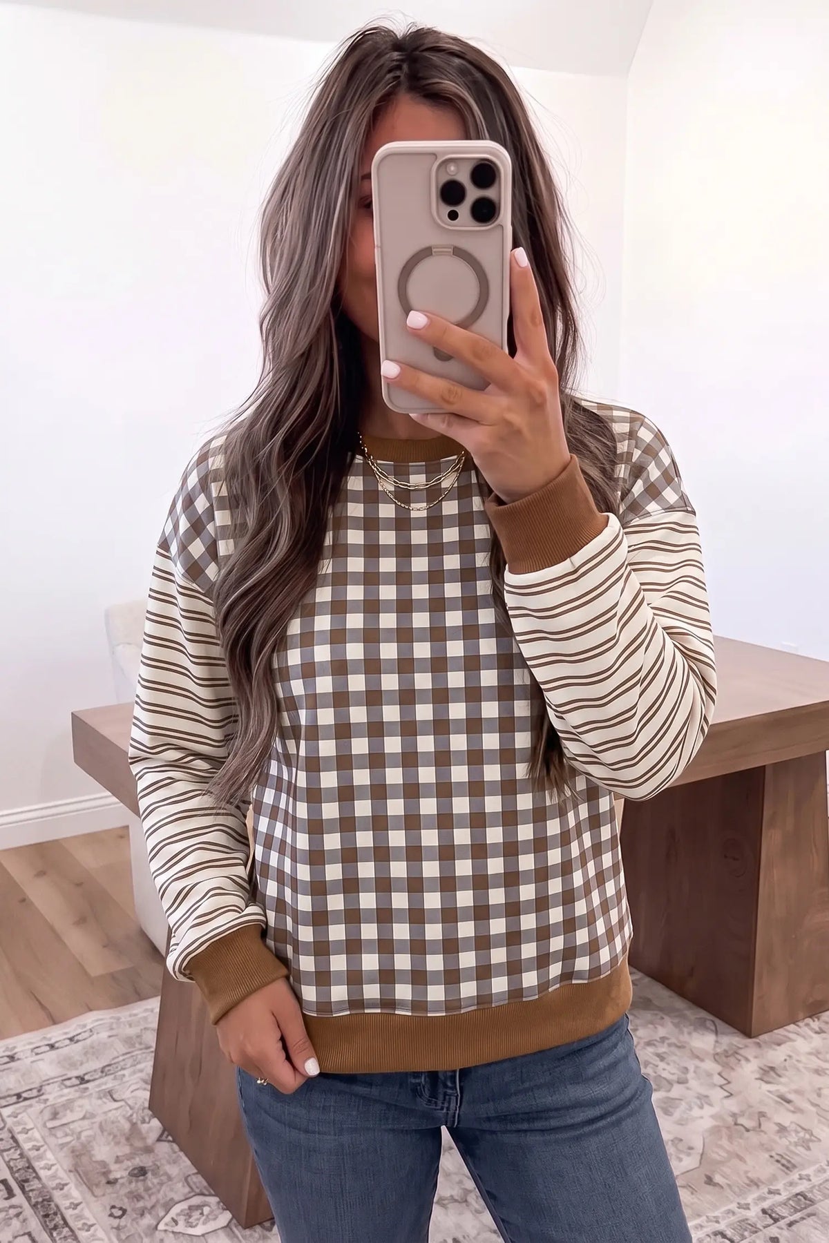 Brown Plaid Striped Patchwork Long Sleeve Casual Top