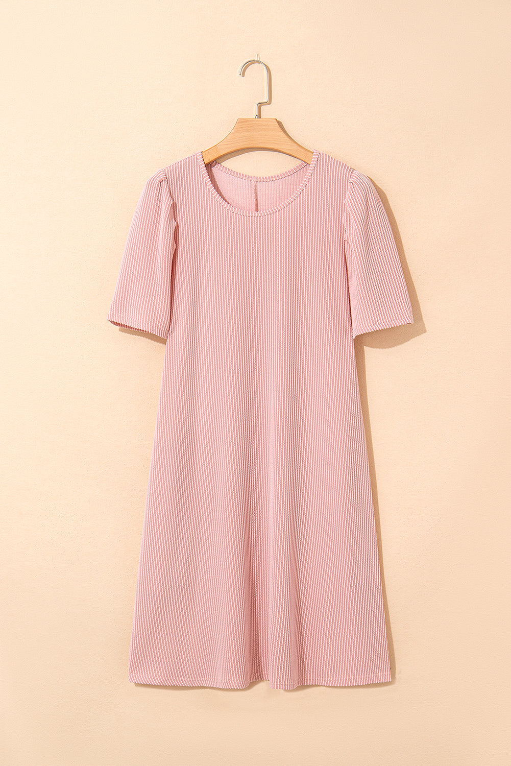 Blossom Corded Knit Crew Neck Puff Sleeve Shift Mini Dress BB Fashion Outlet