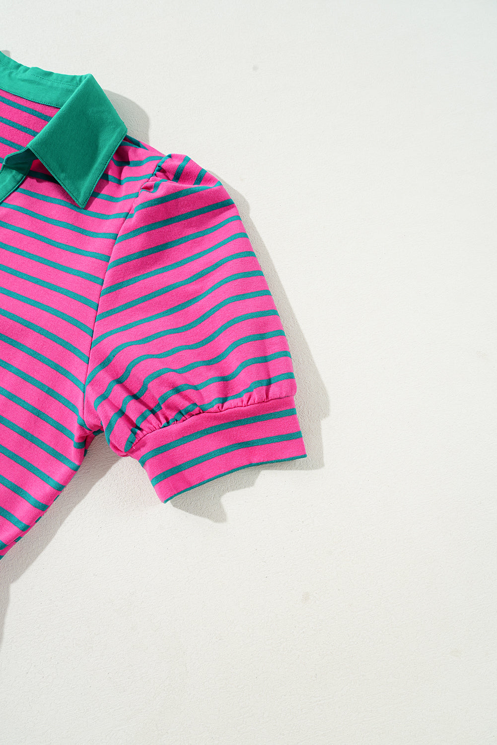 Pink Stripe Collared V Neck Puff Sleeve T Shirt Dress BB Fashion Outlet