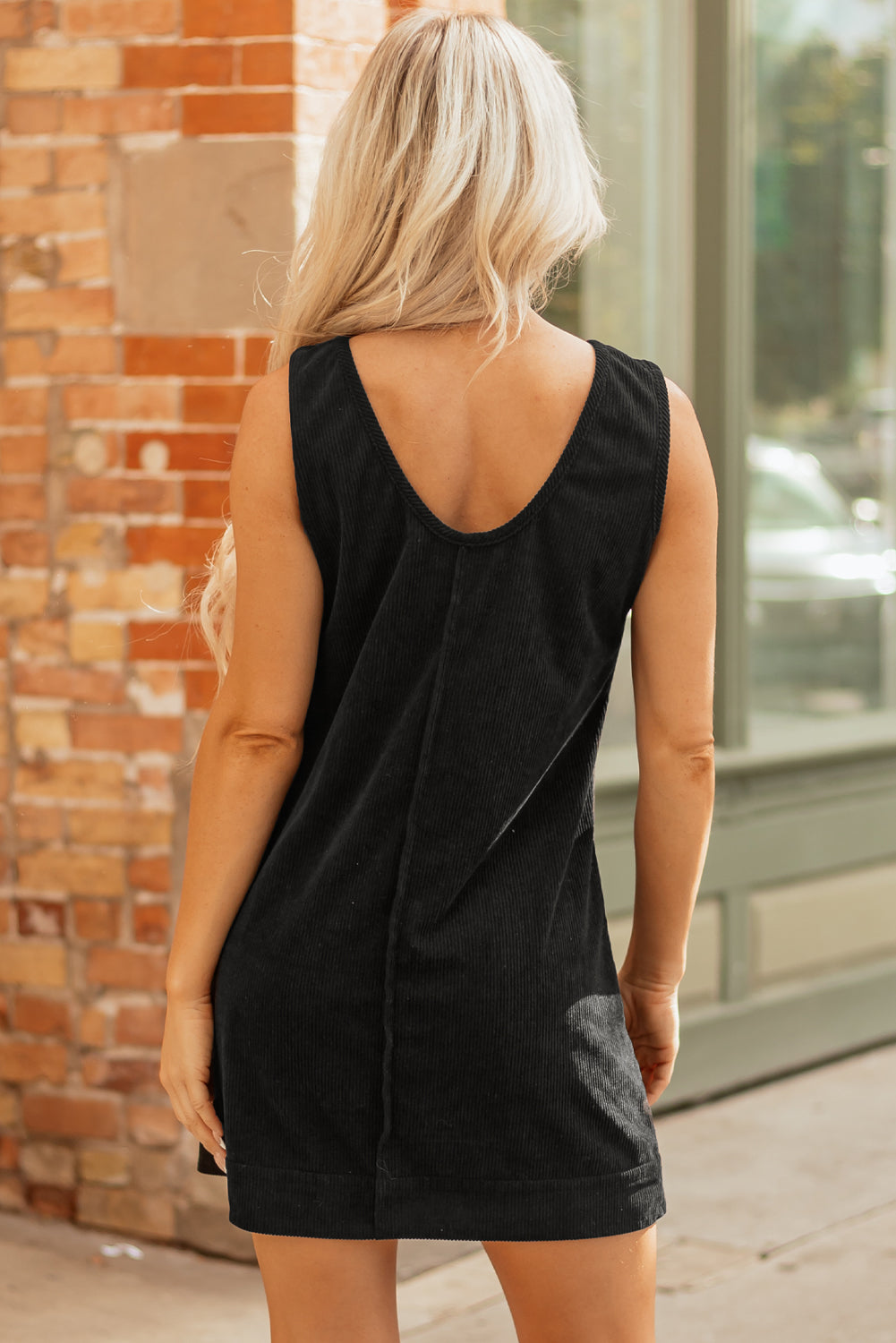 Soft Corduroy Sleeveless Mini Dress With Patched Pockets - eAura