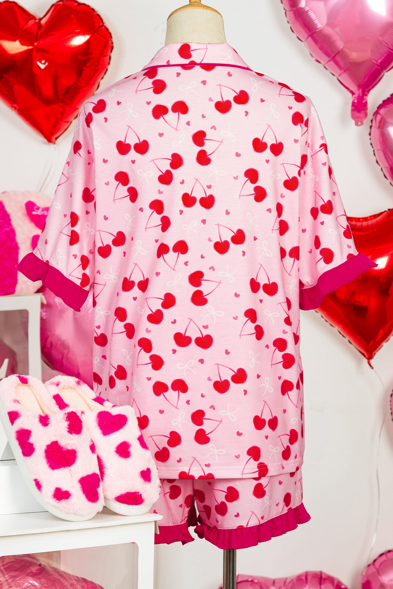 Cherry Bow Mixed Print Scalloped Edge Short Pajama Set – Rose