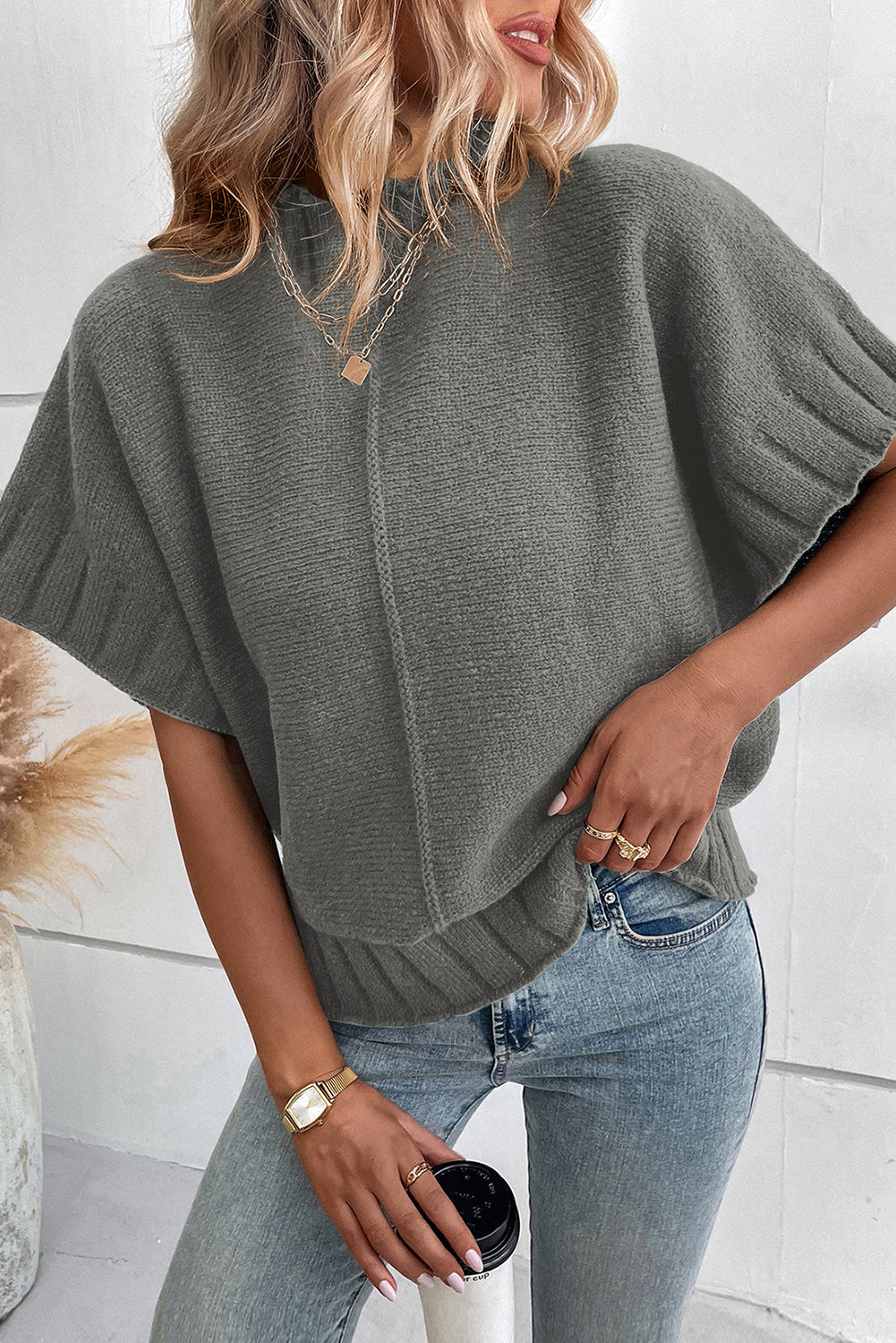 Blackish Green Mock Neck Batwing Short Sleeve Knit Sweater eAura