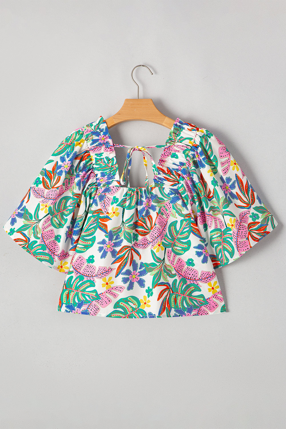Plant Print Loose Fit Puff Sleeve Square Neck Cropped Blouse eAura