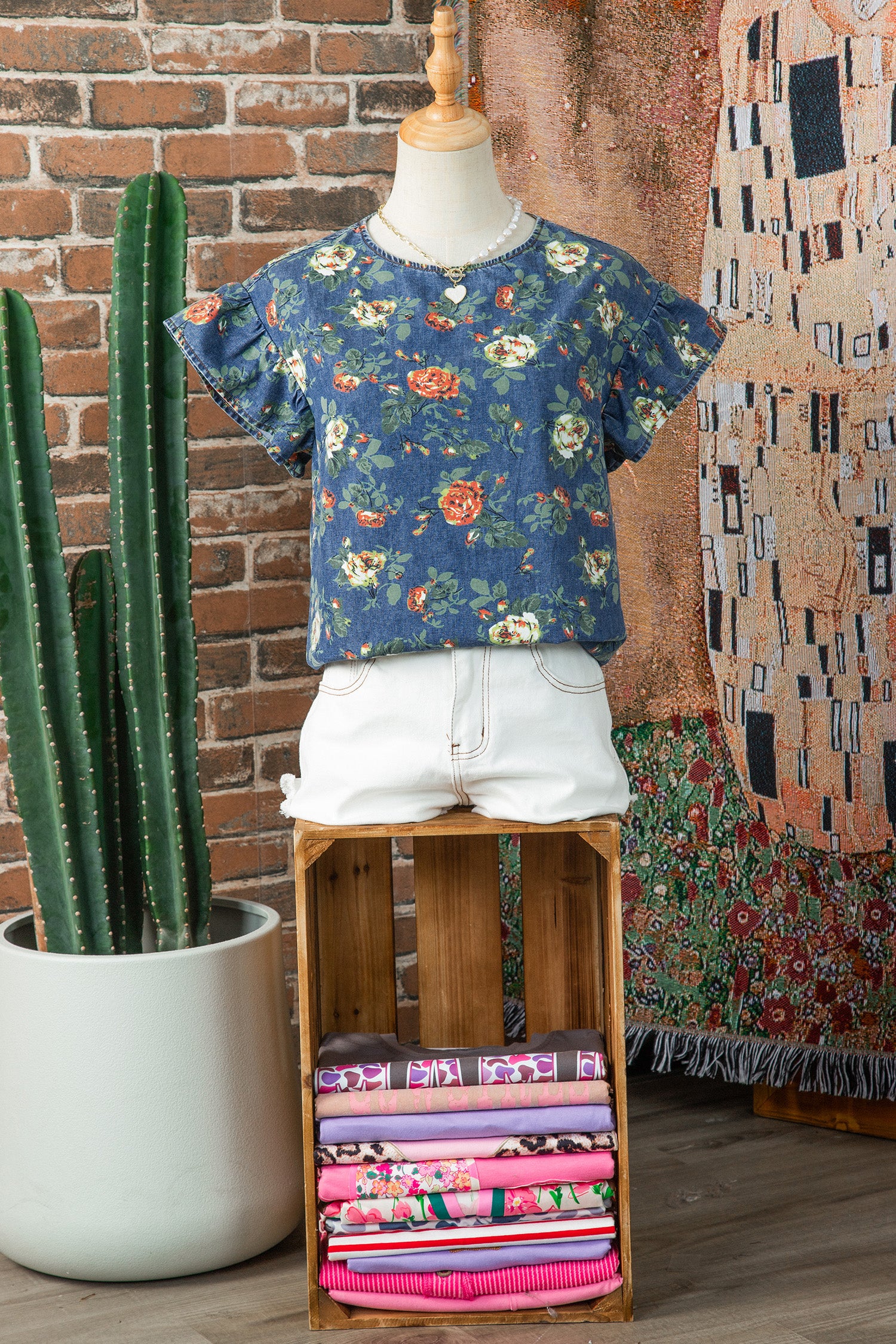 Ruffled Short Sleeve Floral Denim Top