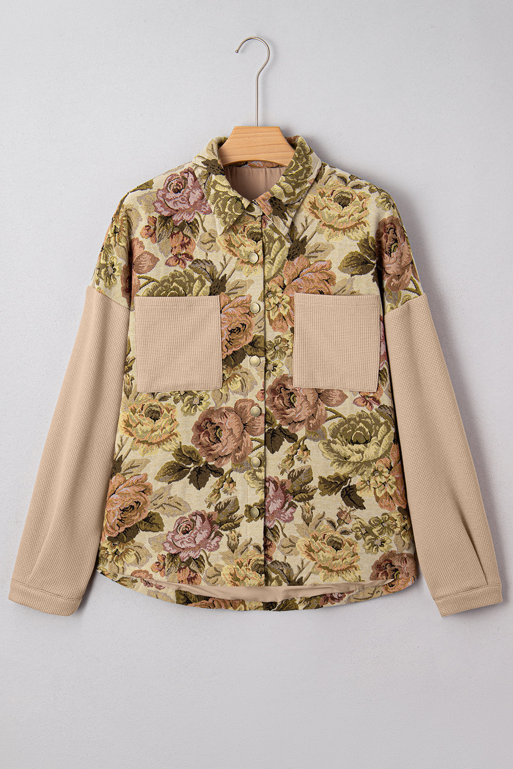 Khaki Floral Waffle Patchwork Chest Pockets Buttoned Jacket eAura