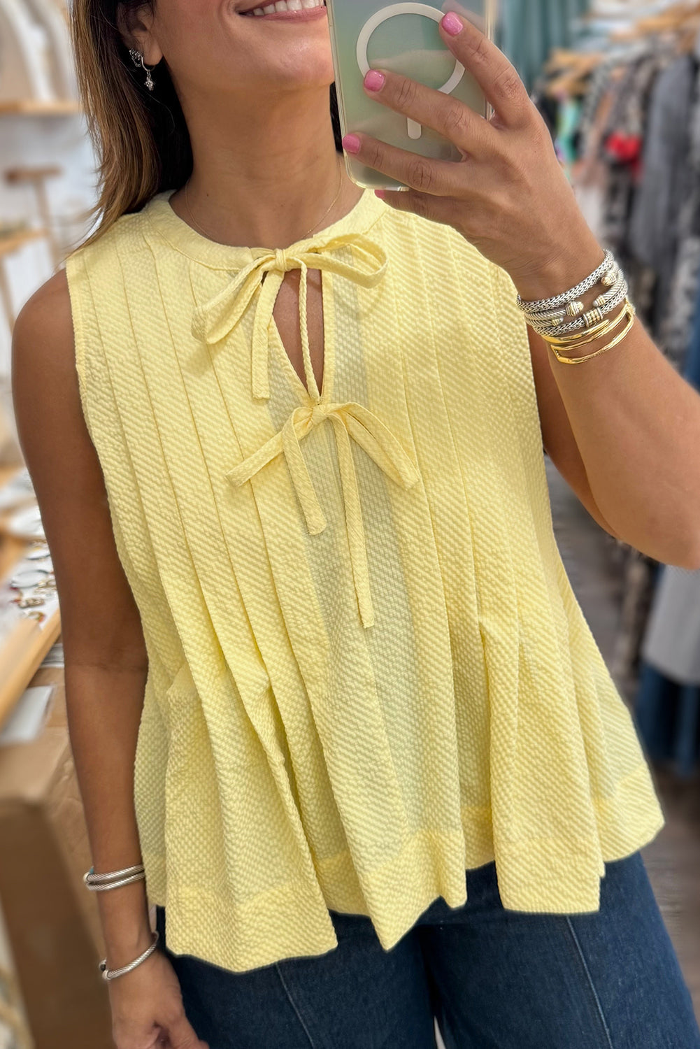 Yellow Cream Bow Tie Notched Neck Pleated Sleeveless Top eAura