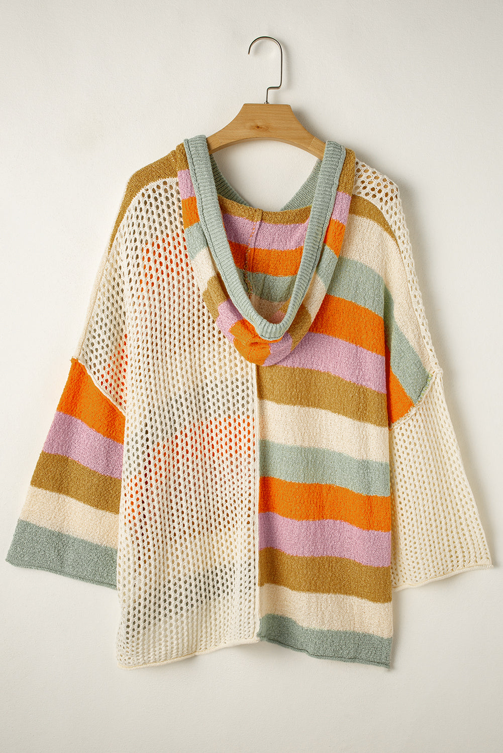Beige Pointelle Knit Colorblock Patchwork V Neck Hooded Plus Sweater BB Fashion Outlet