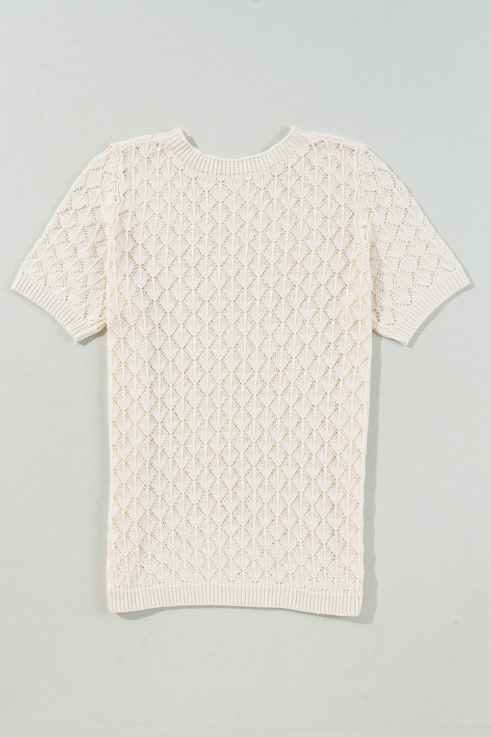 Beige Hollow Out Crochet O Neck Short Sleeve Sweater Tee eAura