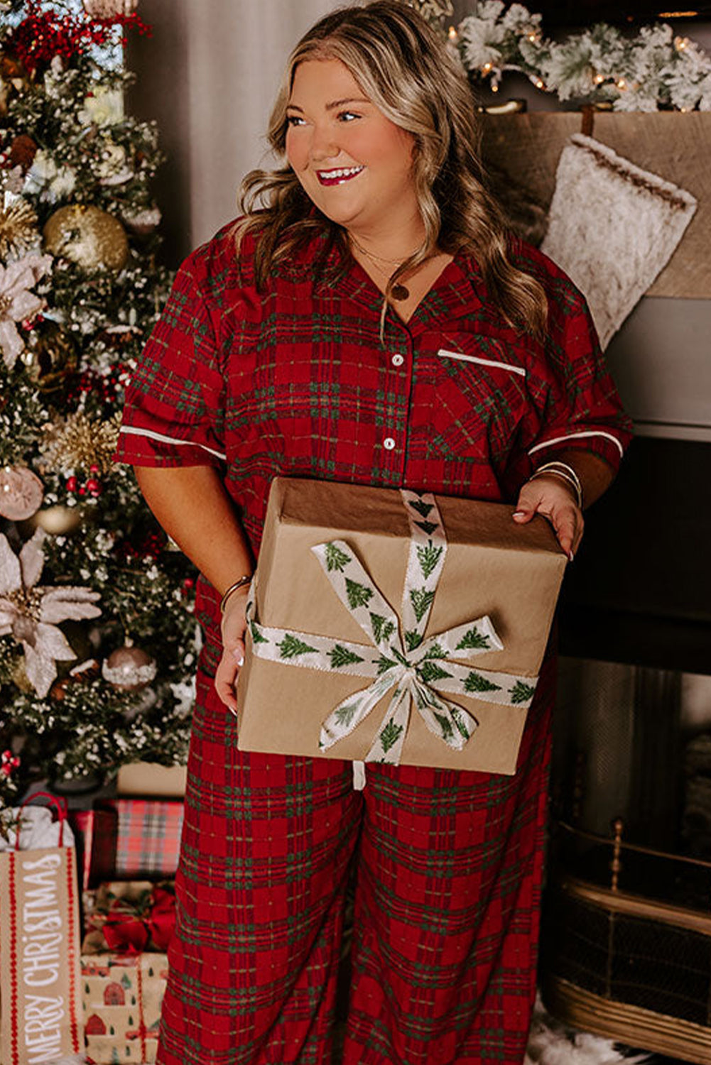Plus Size Plaid Short Sleeve Shirt Pyjama Set - eAura