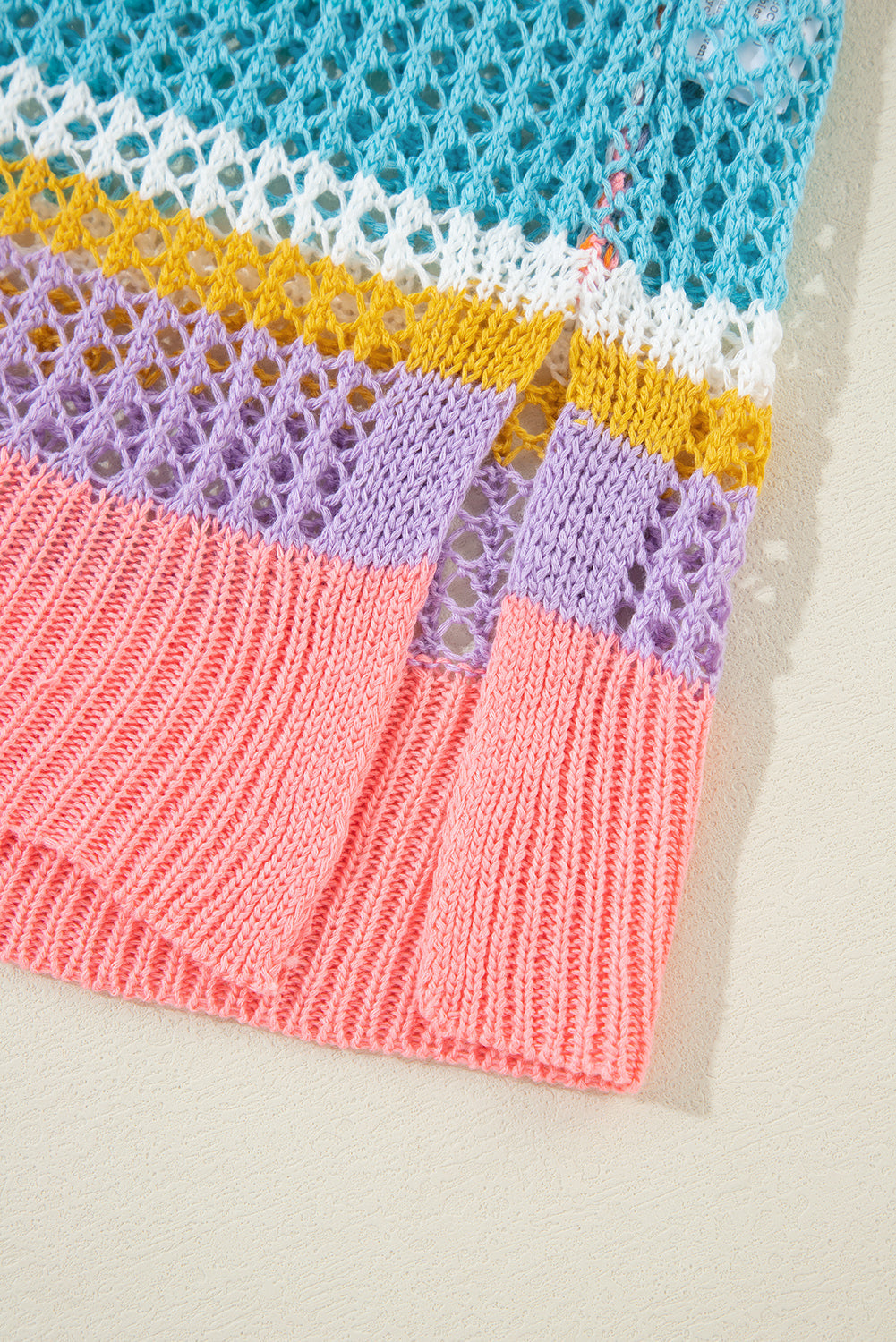 Pink Stripe Colourblock Hollowed Crochet 3/4 Sleeve Sweater eAura