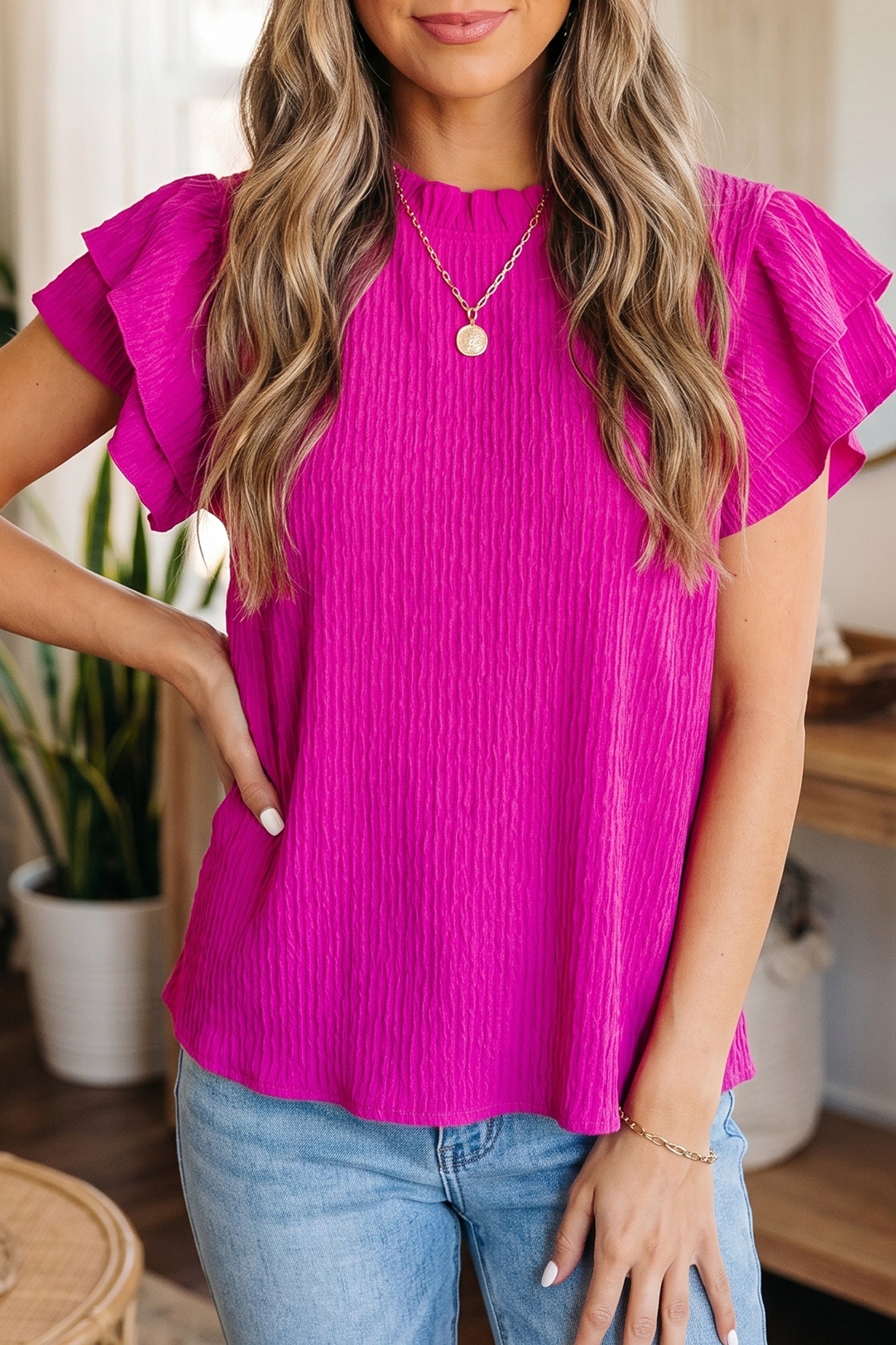 Solid Color Textured Ruffle Trim Short Sleeve Blouse – White