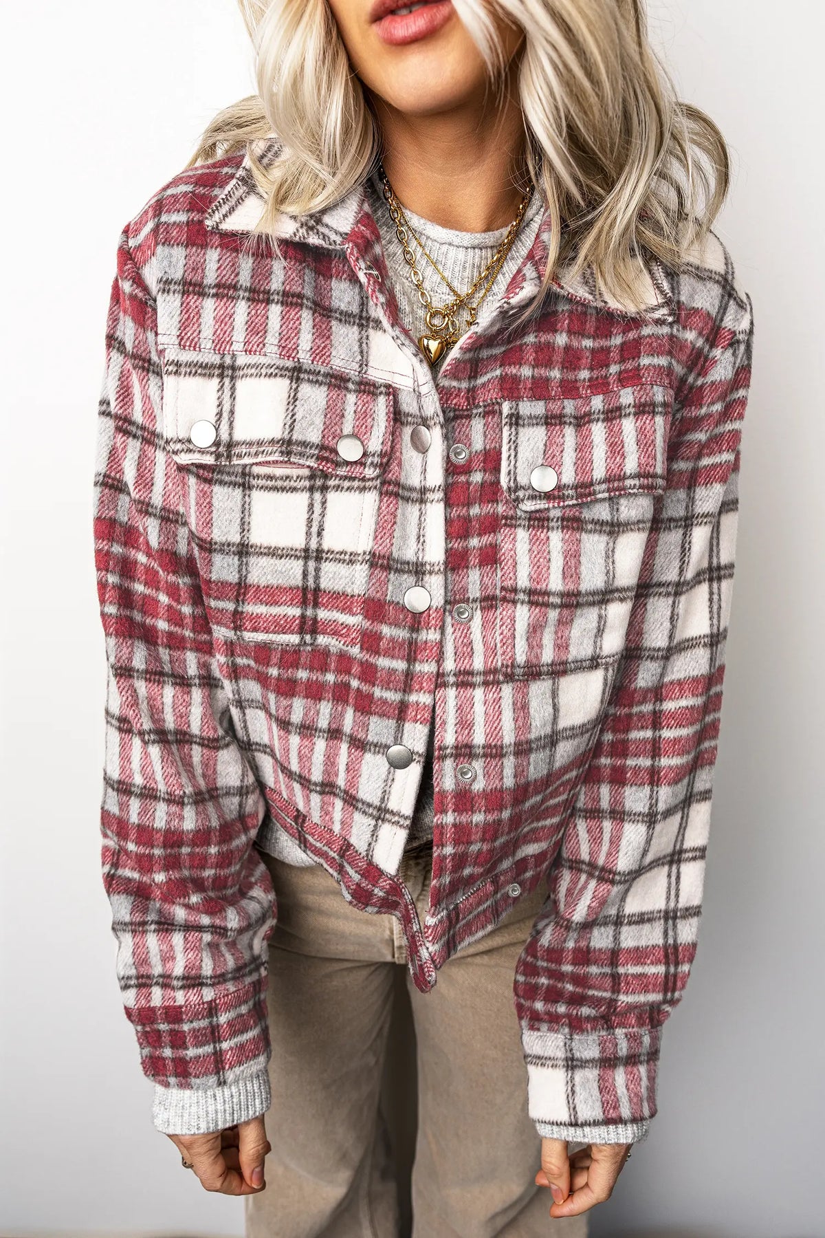 Jacket Plaid Flannel Metal Button Collar Long Sleeve Shift