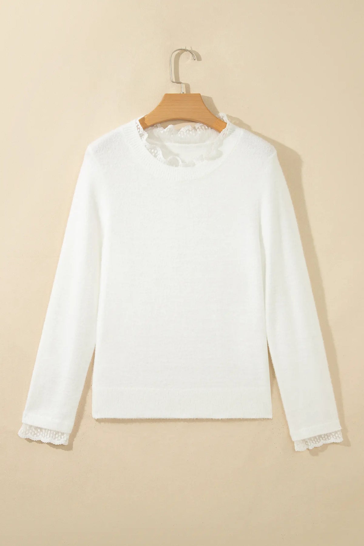 White Lace Trim Neck Cuff Patchwork Long Sleeve Pullover Sweater