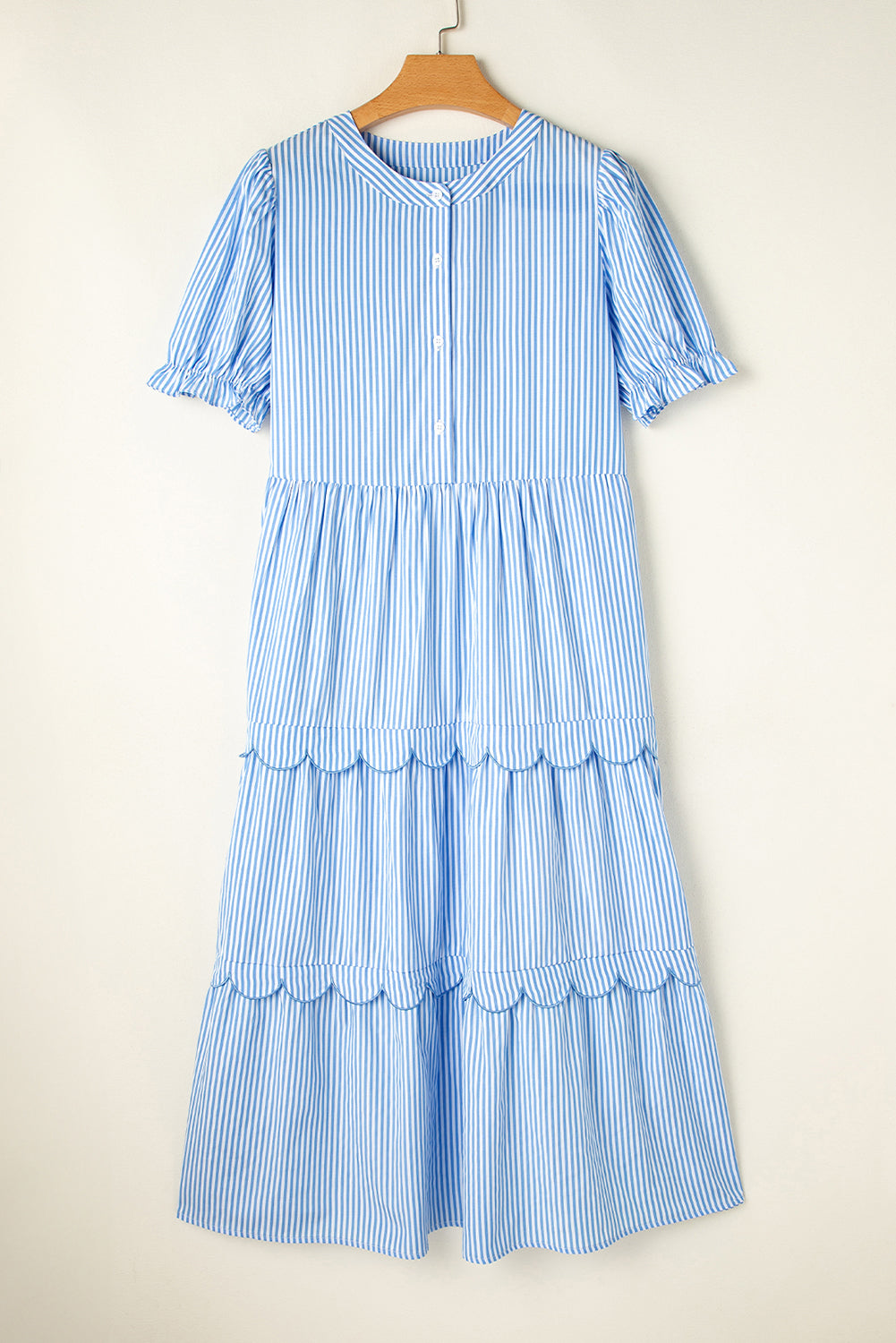 Sky Blue Stripe Bubble Short Sleeve Tiered Scallop Long Dress eAura