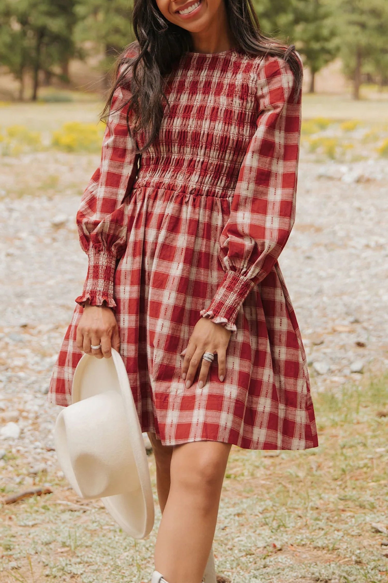 Plaid Print Smocked Puff Sleeve Mini Dress - eAura