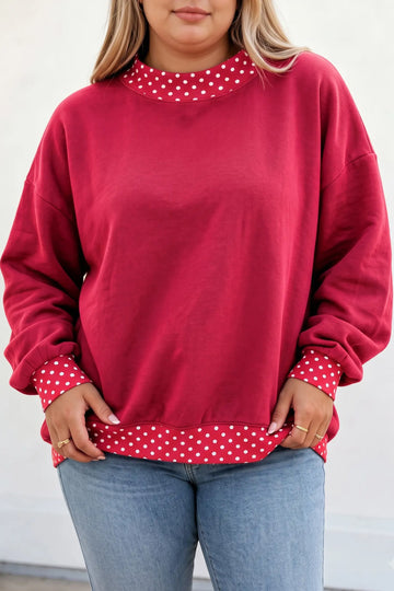 Plus Size Sweatshirt - Polka Dot Patchwork Round Neck