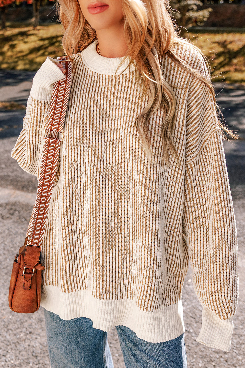 Bright Pink Striped Textured Knit Contrast Edge Loose Sweater eAura