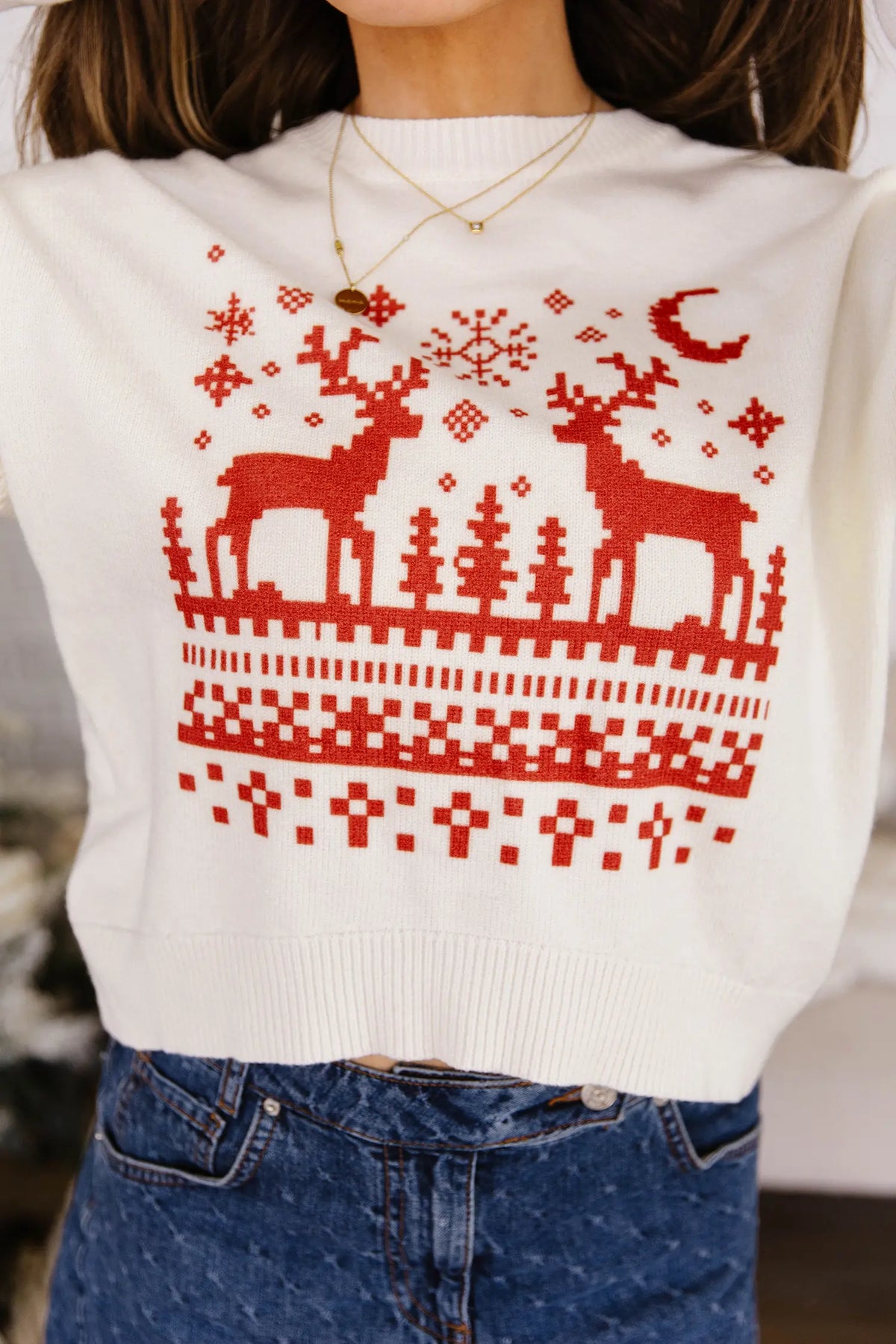 Round Neck Christmas Pixel Reindeer Sweater