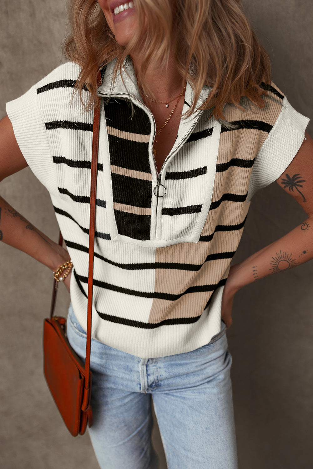 Black Stripe Colourblock Quarter Zip Collar Sweater Vest eAura