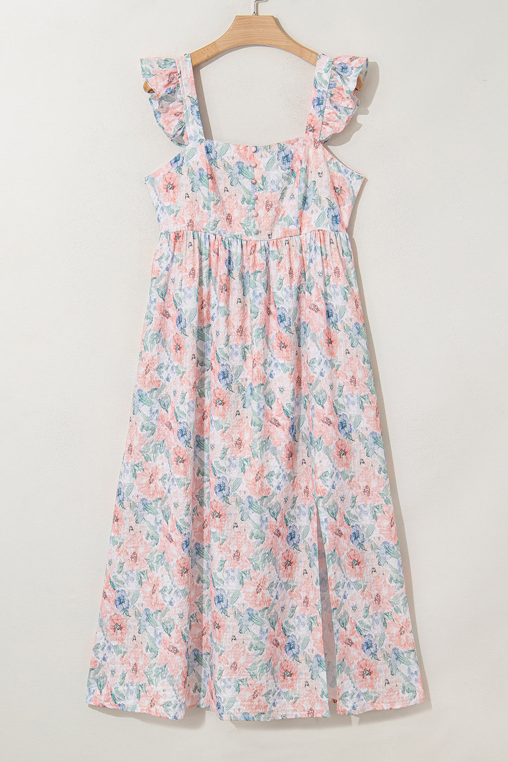Pink Floral Print Square Neck Backless Long Dress with Slit eAura