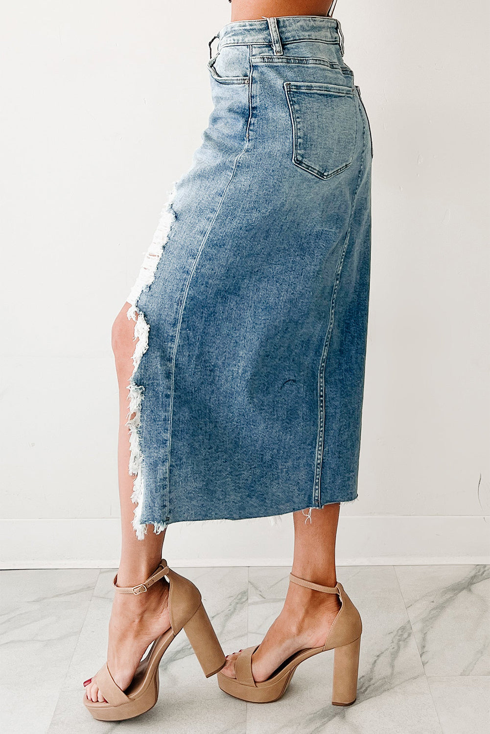 Irregular Distressed Bottom Denim Midi Skirt - eAura