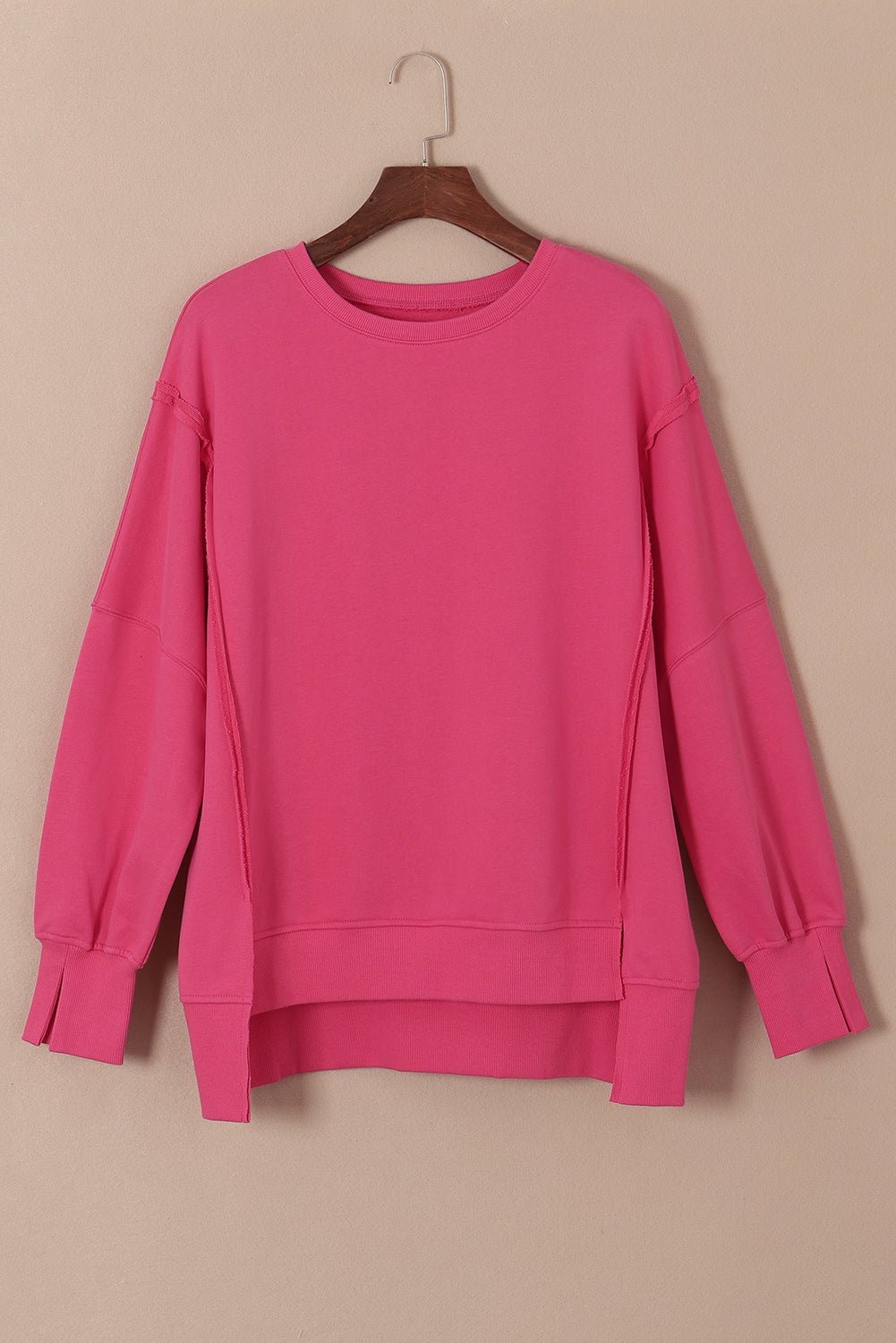 Rose Exposed Seam Drop Shoulder Slit High Low Hem Sweatshirt eAura